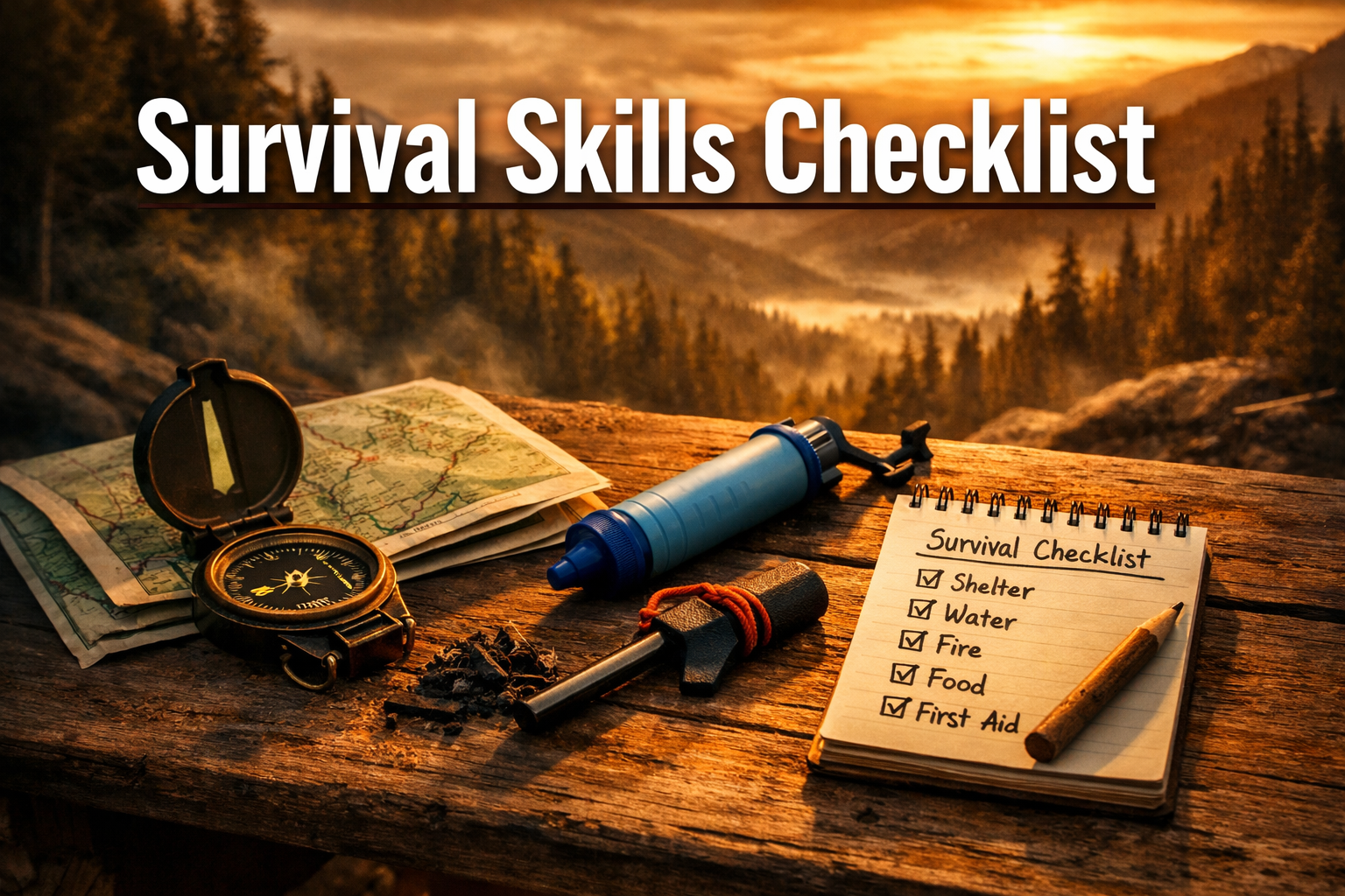 Professional () hero image with : 'Survival Skills Checklist' in extra large white with dark drop , centered in upper third.