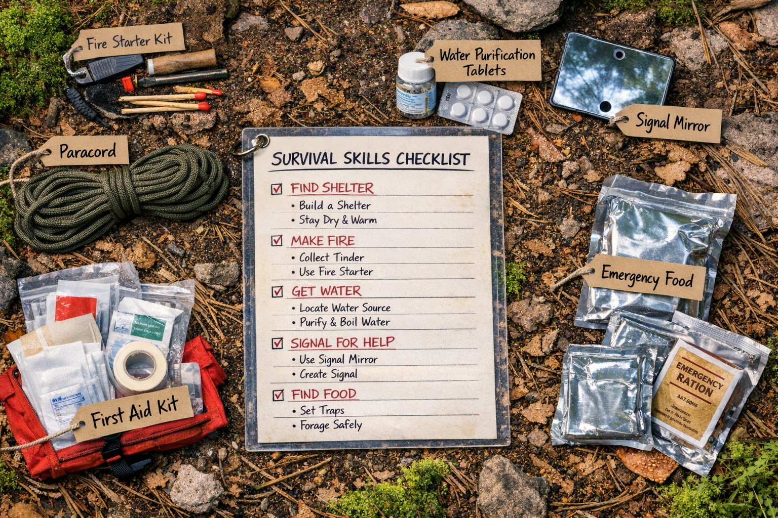 Detailed () editorial image showing a flat-lay overhead shot of a complete survival preparedness kit spread across a forest