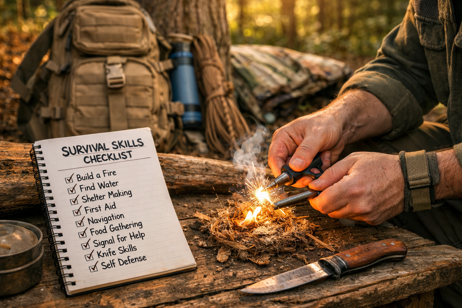 Detailed () editorial image depicting a prepper or survivalist at a rustic outdoor workstation, hands actively practicing