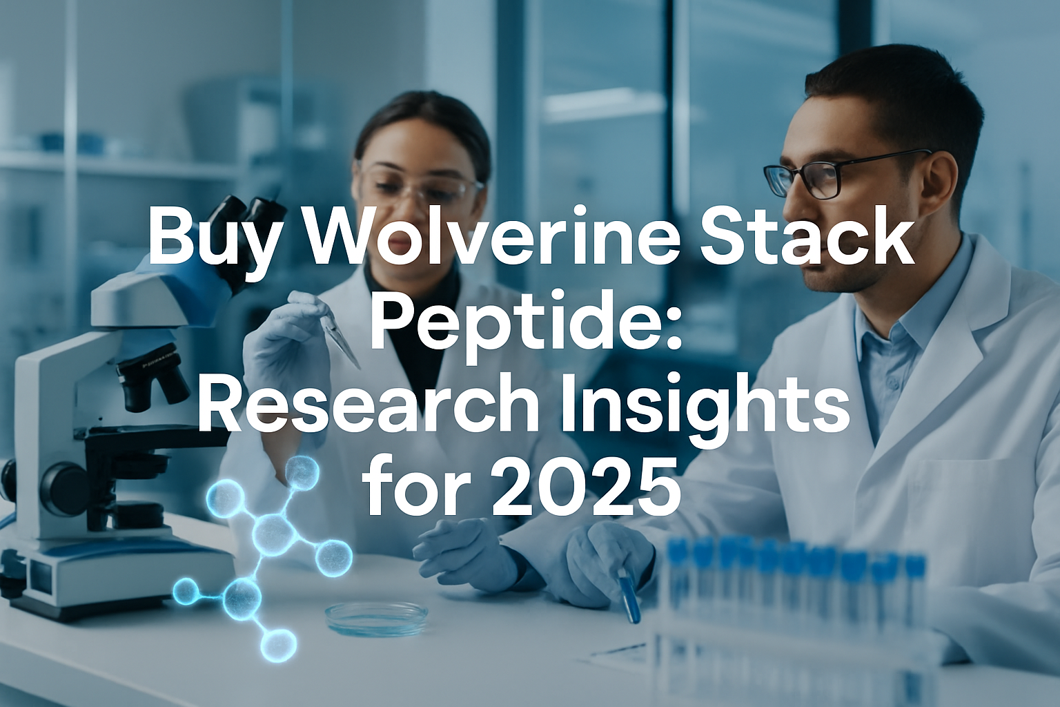Professional landscape hero image (1536x1024) with bold text overlay: 'Buy Wolverine Stack Peptide: Research Insights for 2025', modern sans