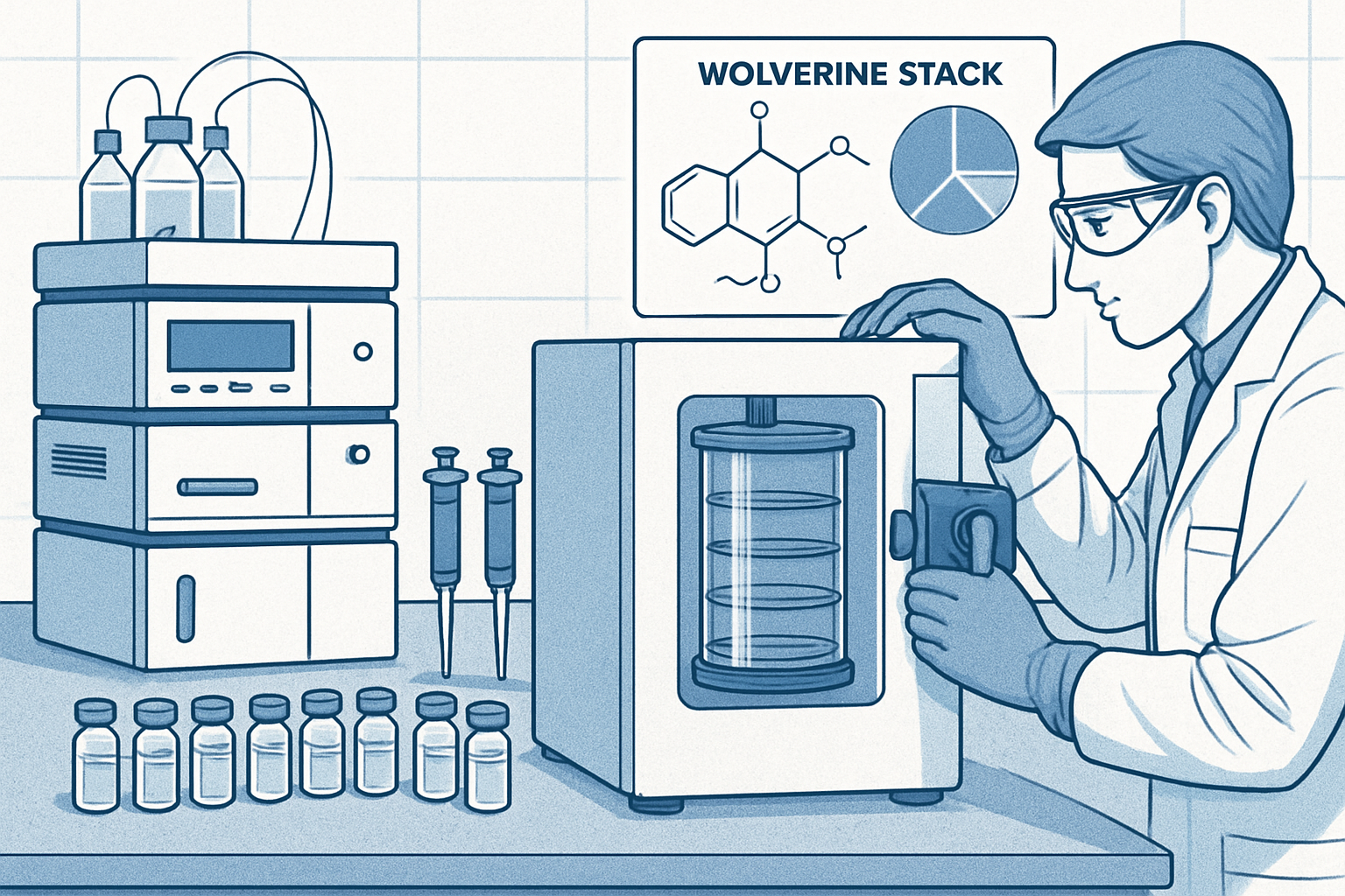 A detailed illustration of a peptide synthesis laboratory, showcasing a high-performance liquid chromatography (HPLC) machine, various glass