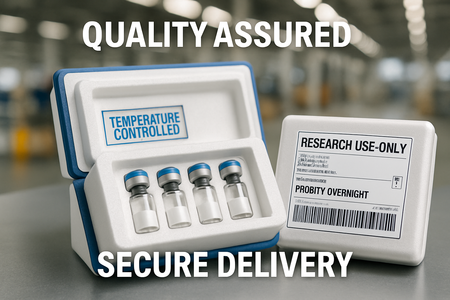 A visual representation of the secure and meticulous packaging and shipping process for research peptides. The image features a temperature-