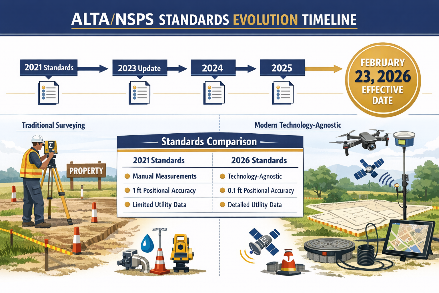 Detailed landscape format (1536x1024) infographic showing timeline visualization of ALTA/NSPS standards evolution from 2021 to 2026, with pr