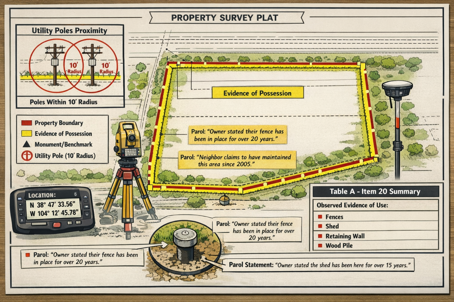 Comprehensive landscape format (1536x1024) detailed illustration showing property survey plat with annotated callouts highlighting the major