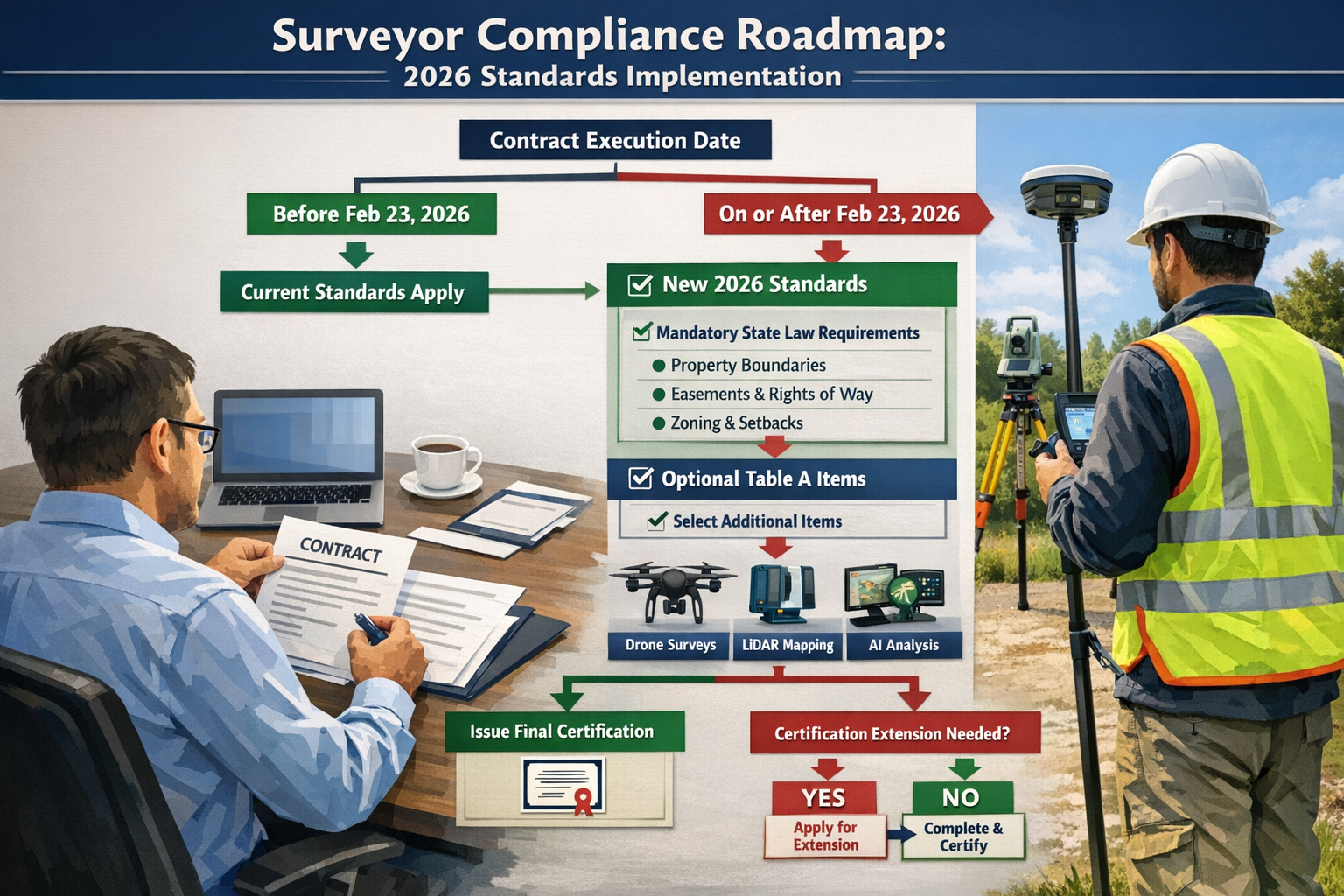 Practical landscape format (1536x1024) workflow diagram illustrating surveyor compliance roadmap for 2026 standards implementation, showing 