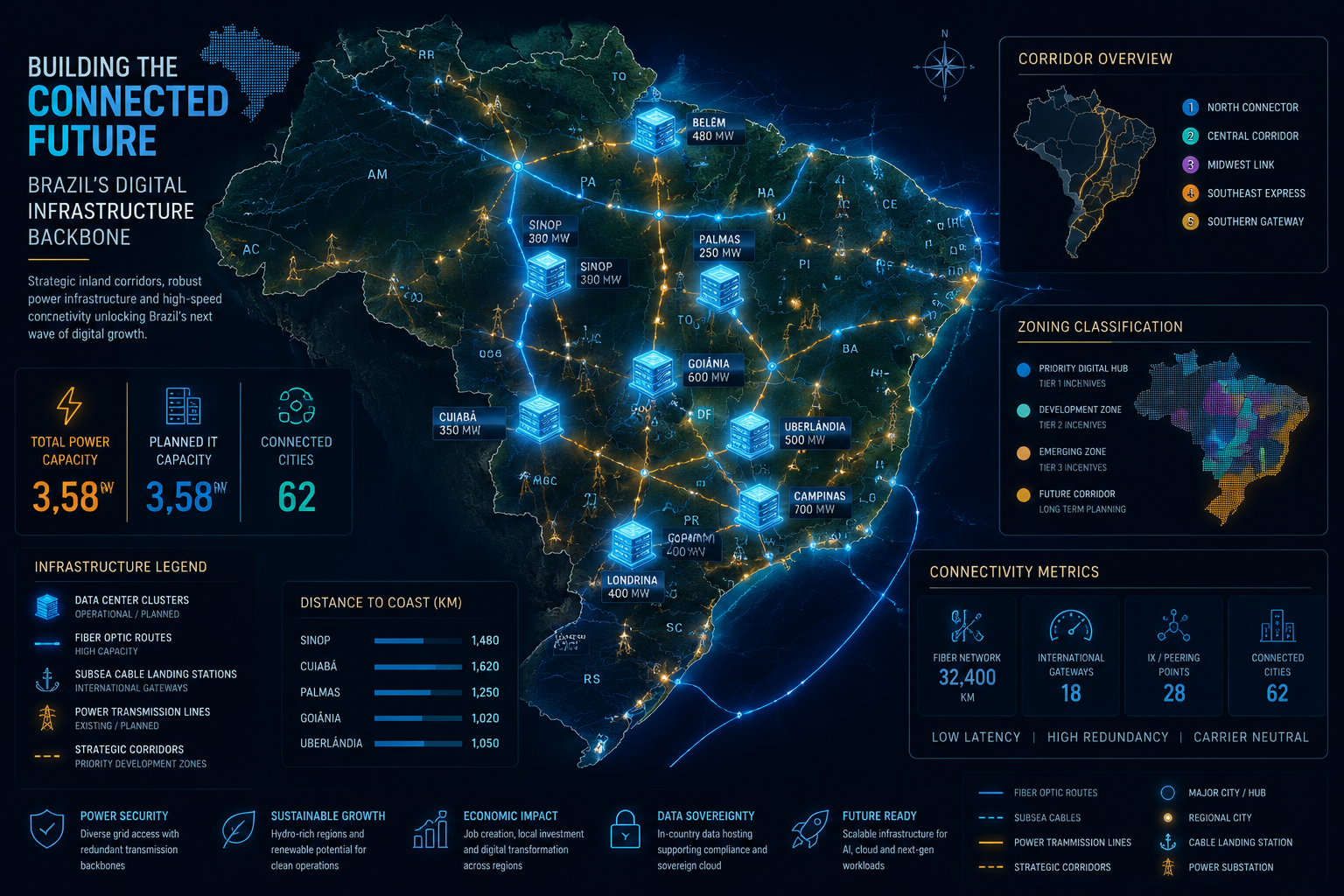 Wide-angle editorial illustration showing a detailed infrastructure map of Brazil with highlighted inland corridors and