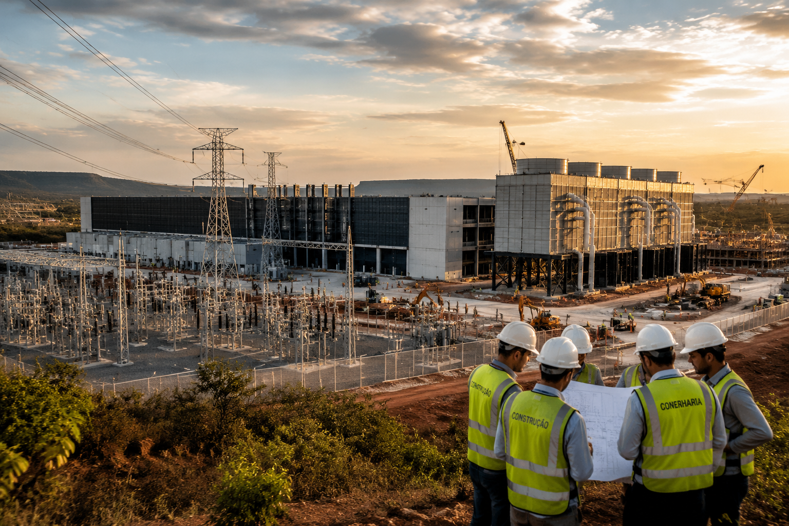 Dramatic ground-level photograph of a modern hyperscale data center facility under construction in a Brazilian industrial