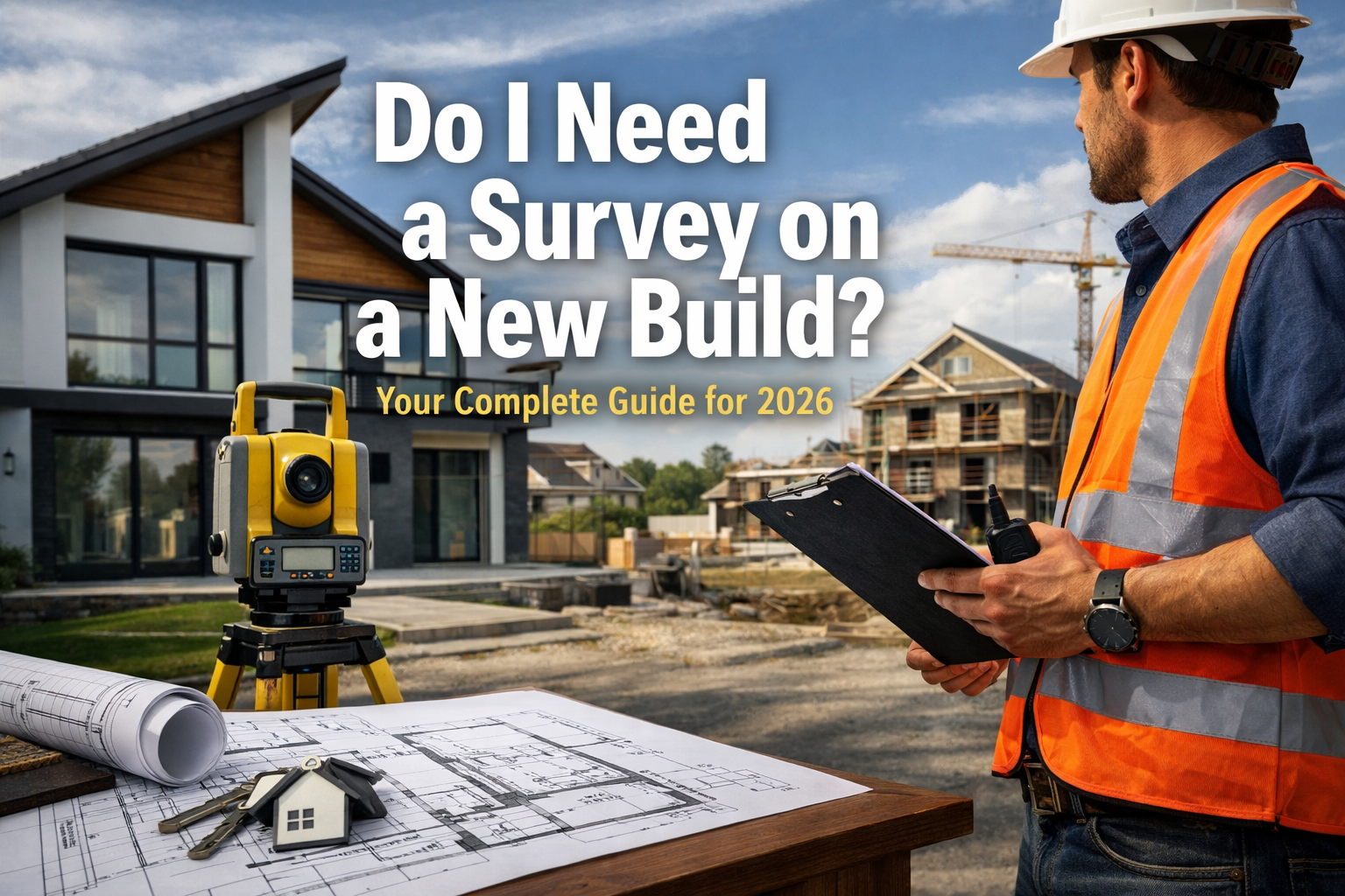Professional hero image with bold text overlay: "Do I Need a Survey on a New Build? Your Complete Guide for 2026". Modern design, high contr