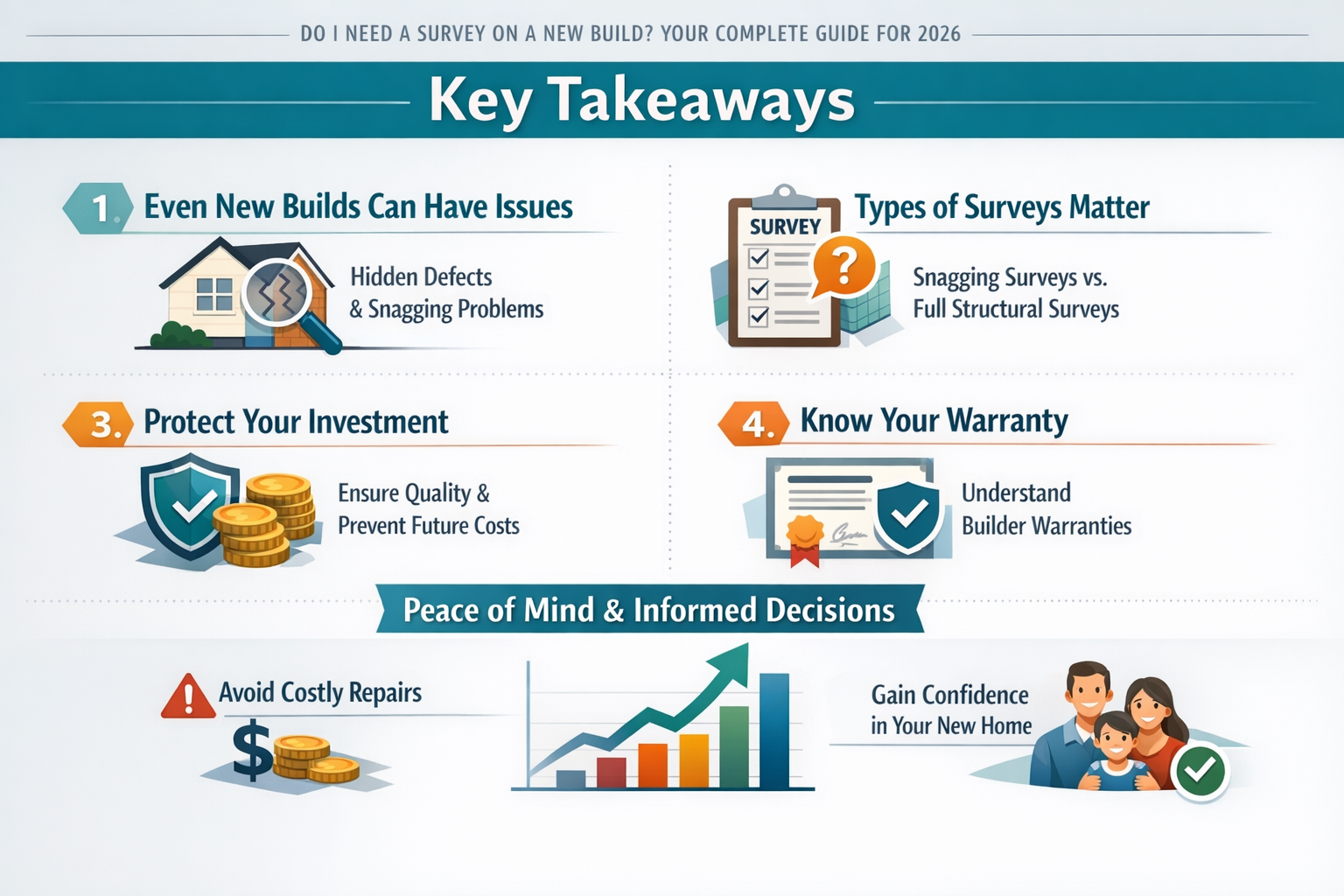 Professional infographic for article "Do I Need a Survey on a New Build? Your Complete Guide for 2026", section: "Key Takeaways". Include re