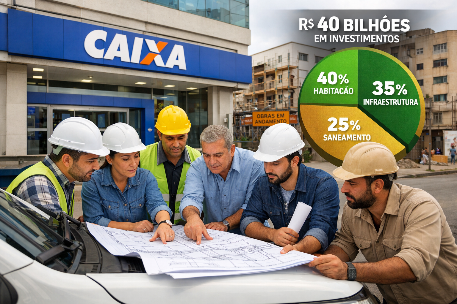 Wide-angle editorial photograph of a modern Caixa Econômica Federal bank branch exterior in a Brazilian mid-sized city, with