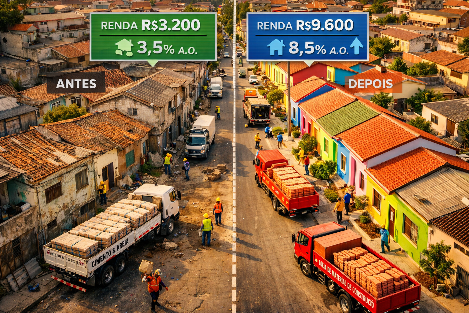 Overhead drone shot of a Brazilian secondary city neighborhood mid-renovation: before-and-after contrast visible with half