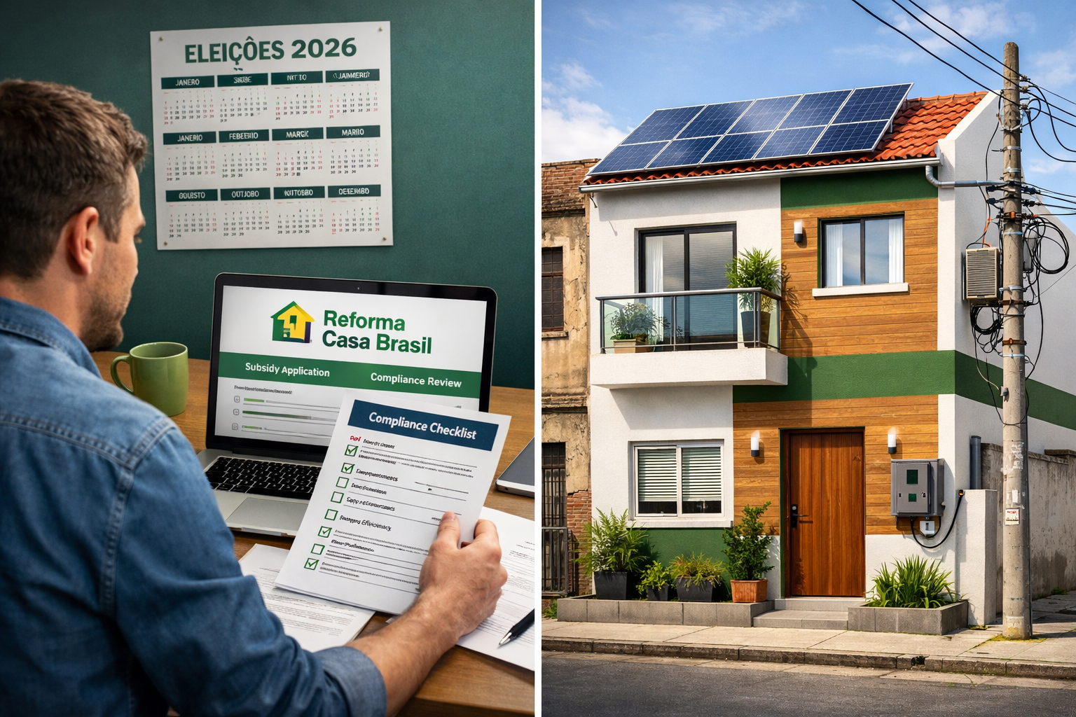 Split-screen editorial image: left side shows a developer at a laptop reviewing compliance documents and subsidy application