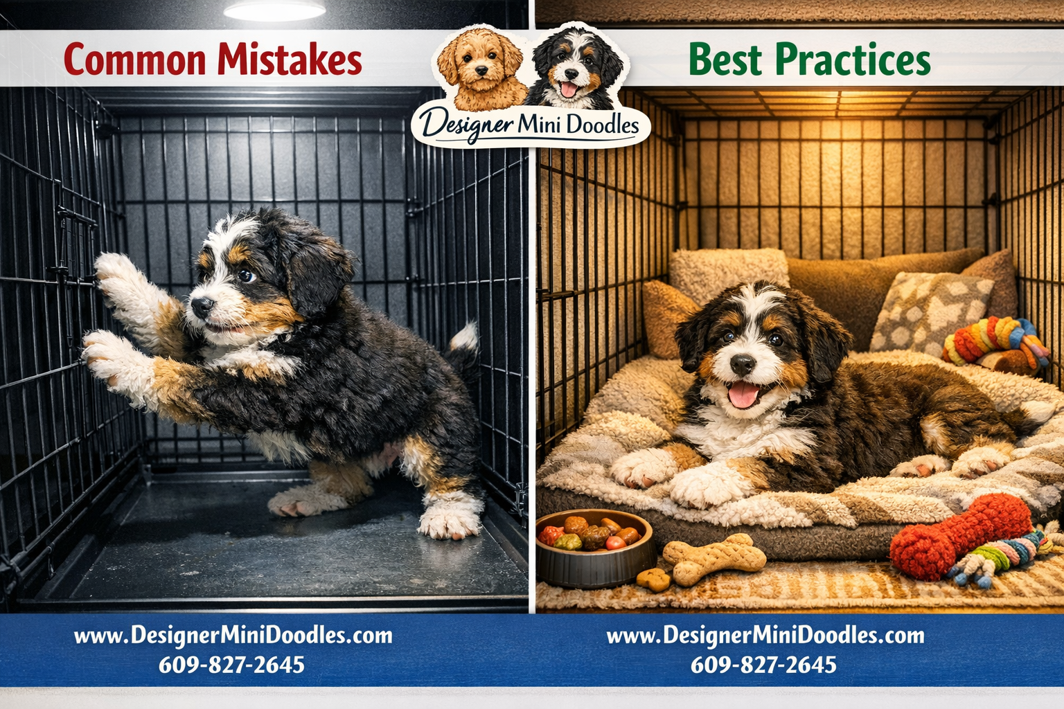 () split-scene comparison image showing two scenarios side by side. Left side: a distressed mini bernedoodle puppy