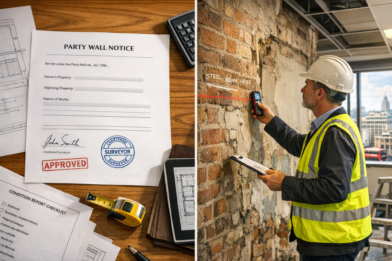 Detailed landscape format (1536x1024) image showing close-up of party wall survey documentation and process for office retrofits. Split comp