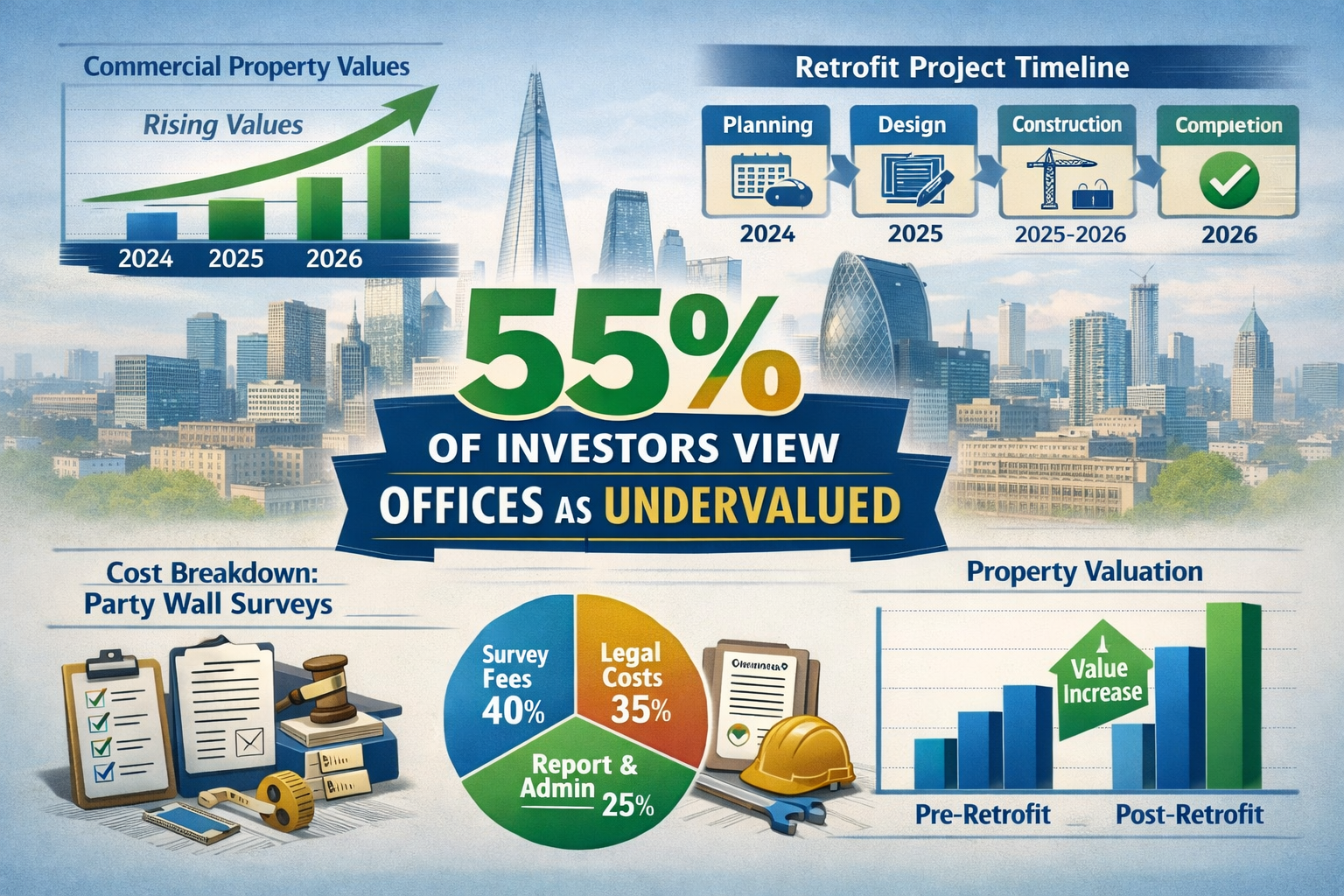 Detailed landscape format (1536x1024) infographic-style image illustrating London office market recovery statistics and retrofit investment 