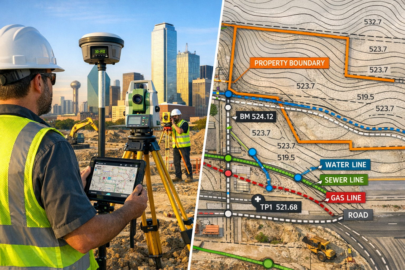 Detailed landscape format (1536x1024) image showing surveyor using advanced GPS equipment and total station on construction site in Dallas-F