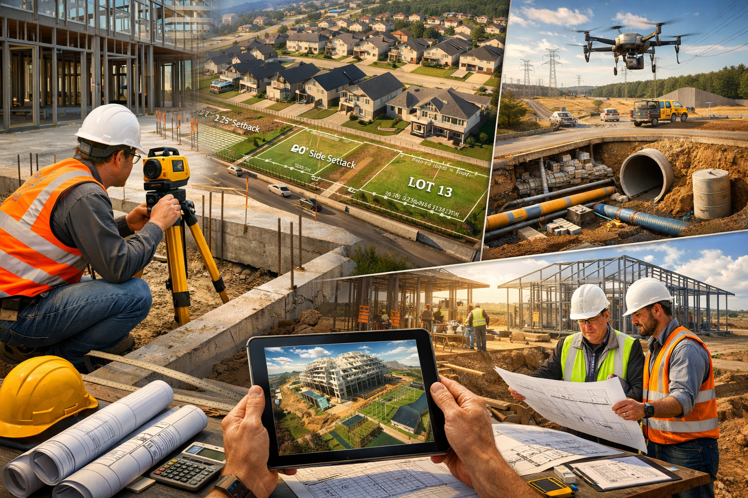 Detailed landscape format (1536x1024) image showing precision surveying strategies in action across Dallas-Fort Worth high-growth zones, fea