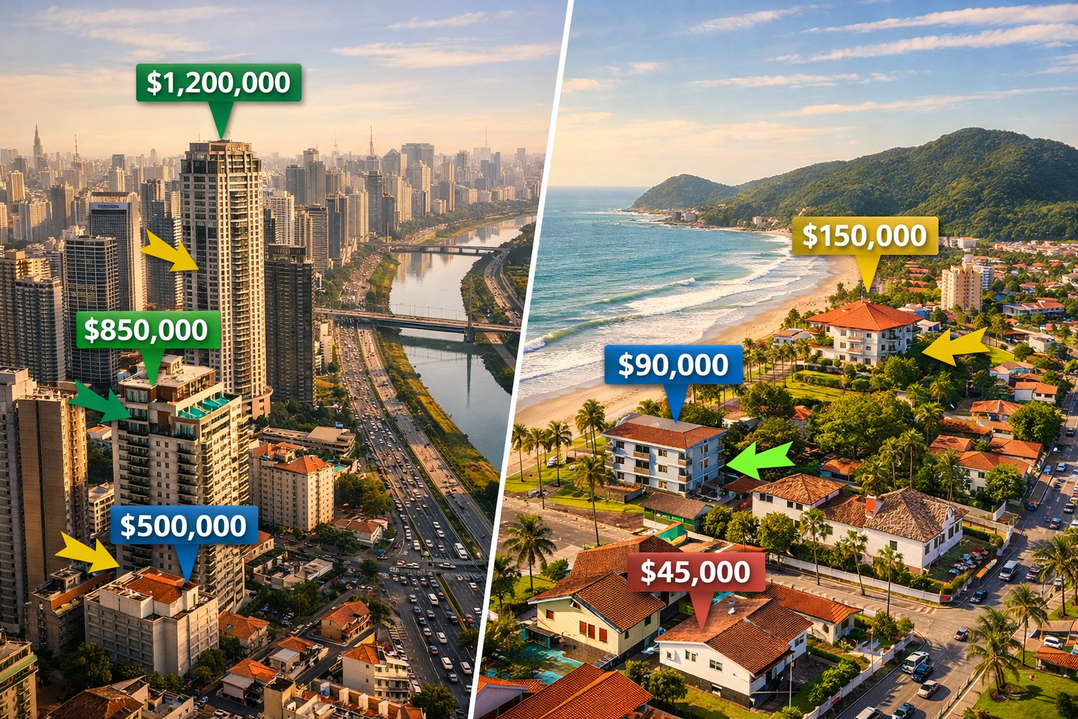 Landscape format (1536x1024) detailed comparison visualization showing side-by-side aerial views of São Paulo's expensive high-rise district