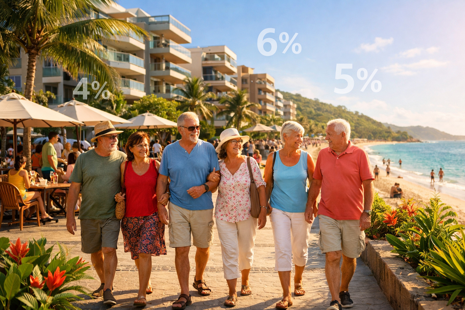 Landscape format (1536x1024) image depicting a diverse group of European retirees (German and Portuguese features) walking along a beautiful