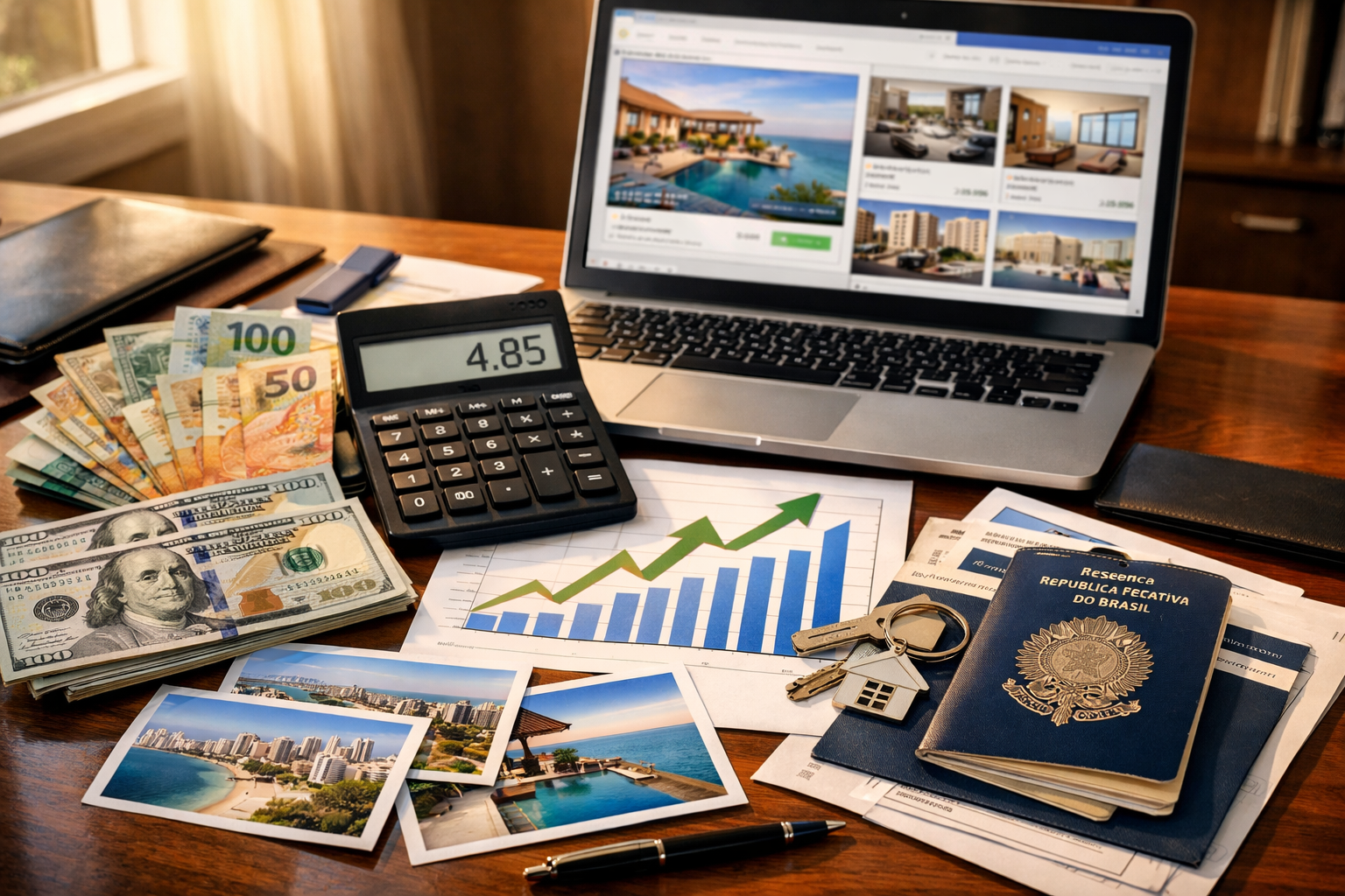 Landscape format (1536x1024) detailed infographic-style image showing Brazilian Real currency notes and US Dollar bills on a modern desk wit