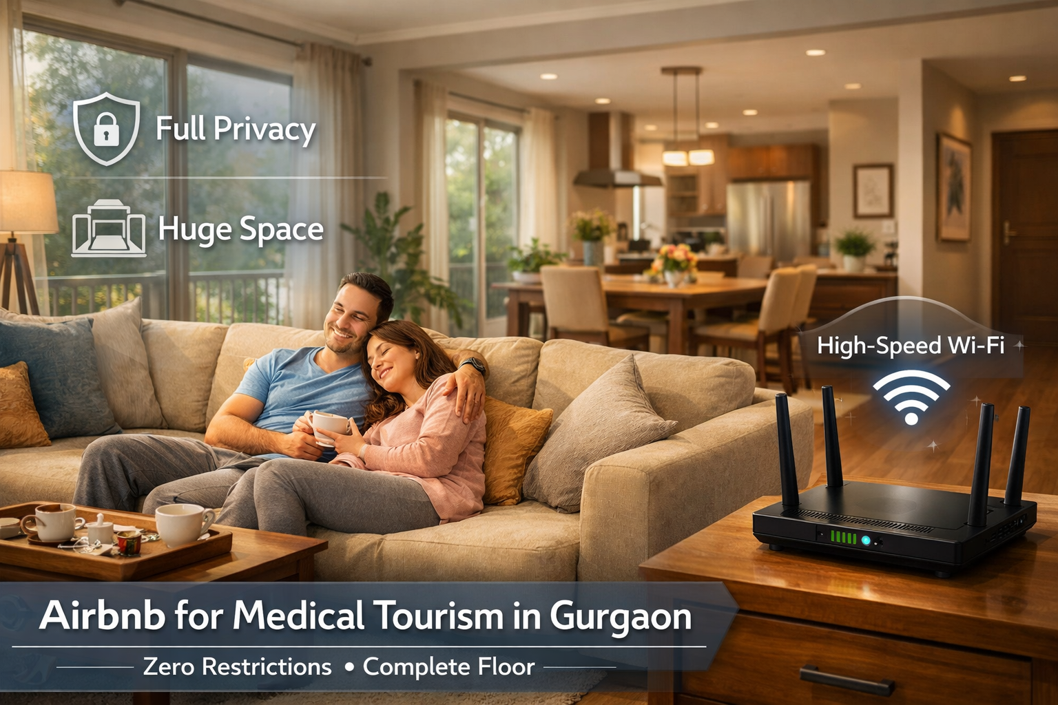 Detailed () image illustrating a comfortable, fully private Airbnb living room with a spacious layout, large windows, and a