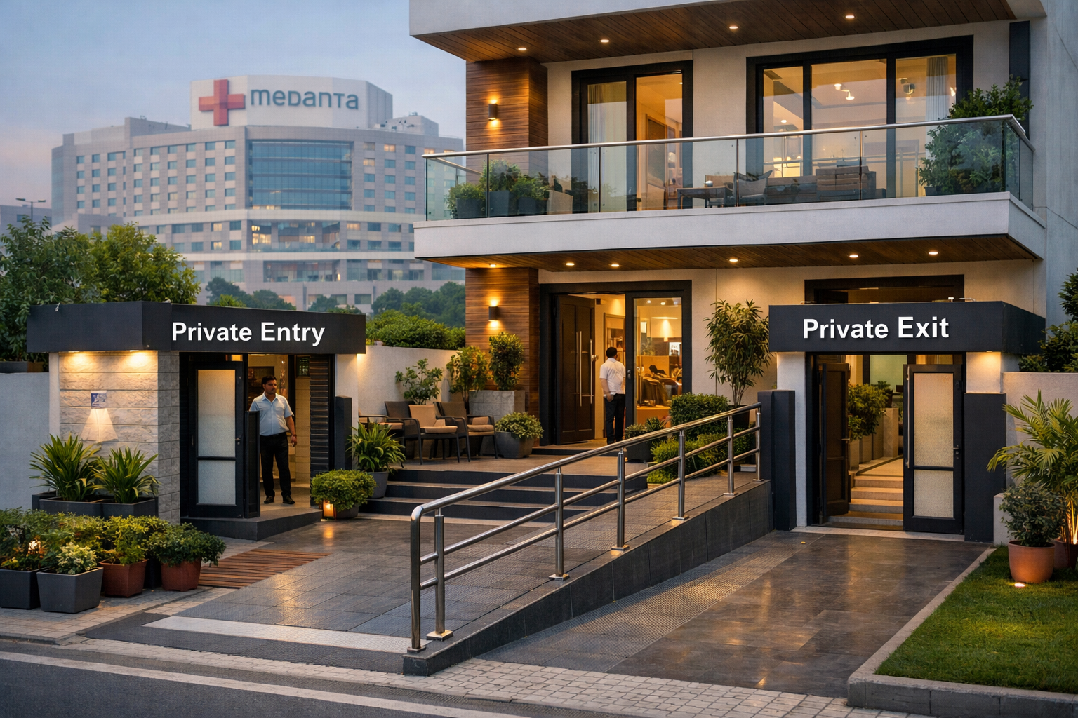 Detailed () image showcasing the exterior of a modern Airbnb property in Gurgaon, with a private entry and exit clearly