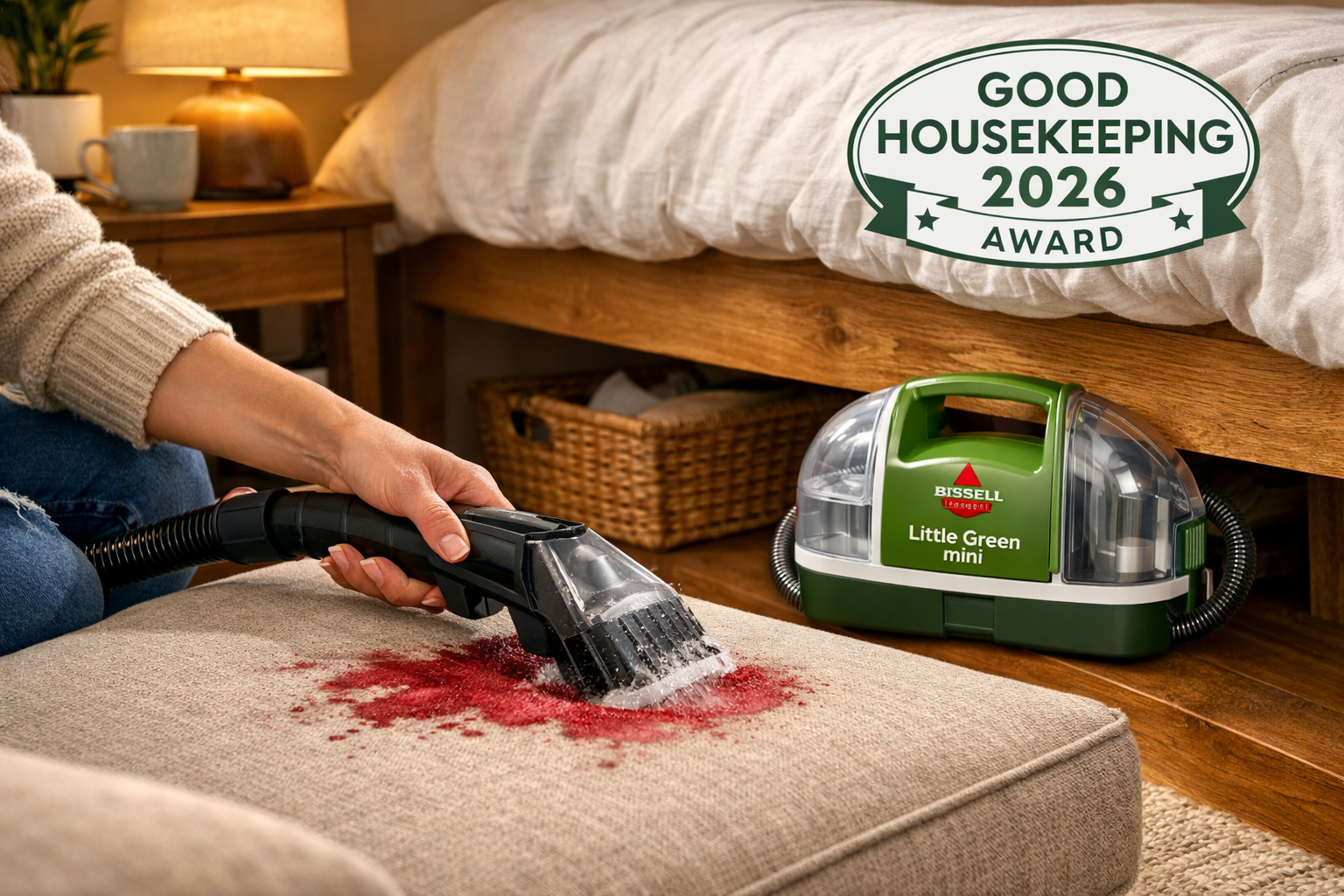 Landscape format (1536x1024) lifestyle scene showing a person using the Bissell Little Green Mini portable deep cleaner on a fabric sofa in a cozy apartment, scrubbing away a visible red wine stain with the spray-and-suction tool. In the background, the compact machine is shown stored neatly under a bed, illustrating its space-saving design. A Good Housekeeping 2026 Award badge graphic floats in the upper corner. Warm interior lighting, realistic home environment, action shot emphasizing ease-of-use and compact storage. Color tones: warm amber, green, white.