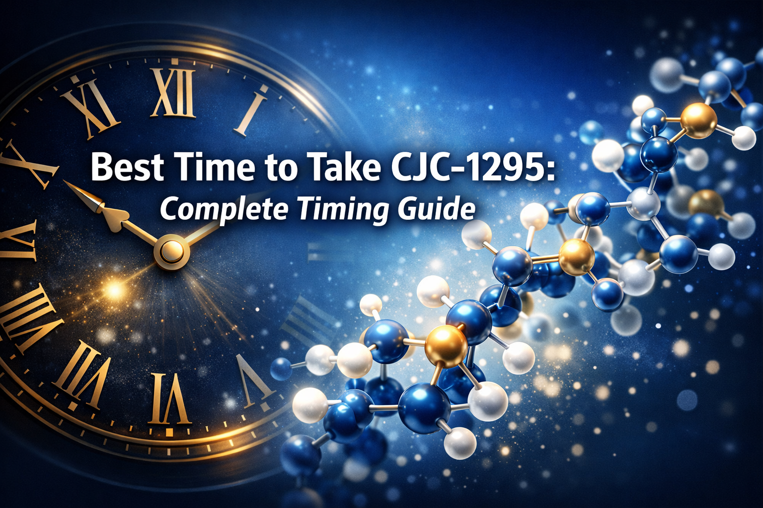 Professional landscape format (1536x1024) hero image with bold text overlay: 'Best Time to Take CJC-1295: Complete Timing Guide', modern san