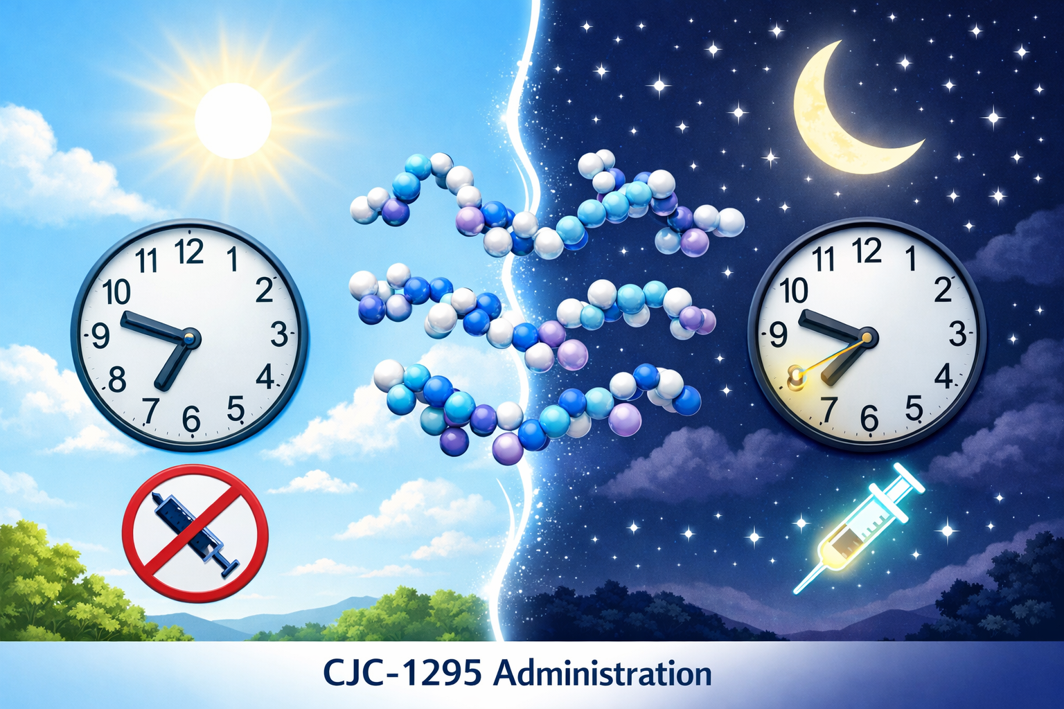 Detailed landscape format (1536x1024) image showing split-screen comparison of day vs night timing for CJC-1295 administration, left side br