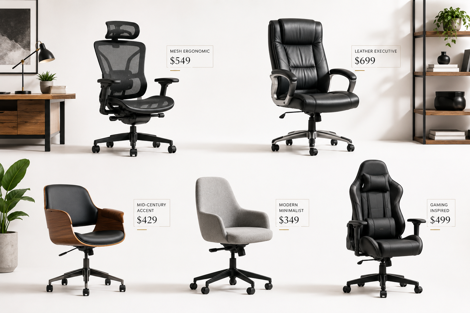 Amazon Office Chairs Landscape format (1536x1024) editorial flat-lay style image showing a curated grid of five distinct stylish office chairs arranged on a clean white studio background, chairs varying in design: mesh ergonomic, leather executive, mid-century wooden accent, modern minimalist fabric, and sleek gaming-inspired, each chair labeled with a small elegant price tag, soft studio lighting with subtle shadows, color palette of white, charcoal, and warm wood tones, professional product photography aesthetic, home office context