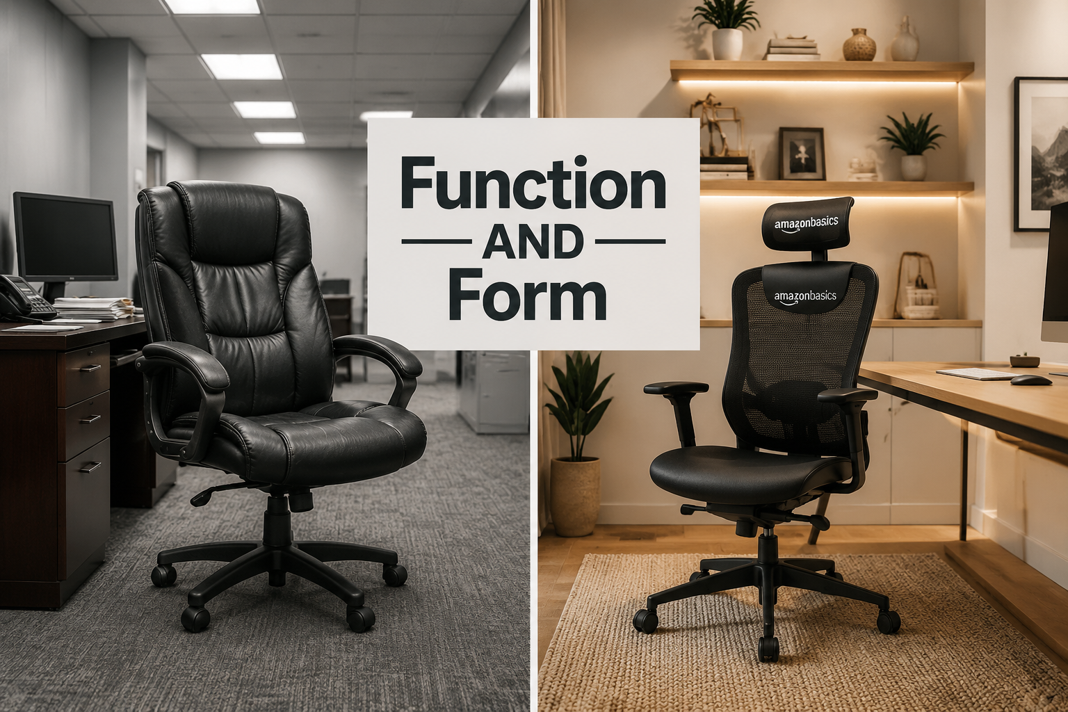 Amazon Office Chairs Landscape format (1536x1024) split-scene comparison image showing left side a cluttered traditional bulky black office chair in a generic corporate setting versus right side a sleek modern Amazon office chair in a beautifully styled home office with floating shelves, warm lighting, and neutral decor, bold dividing line down the center, text overlay reading 'Function AND Form' in 36pt charcoal sans-serif, editorial quality, high contrast, clean composition emphasizing the aesthetic upgrade How to Choose the Right Stylish Chair for Your Home Office