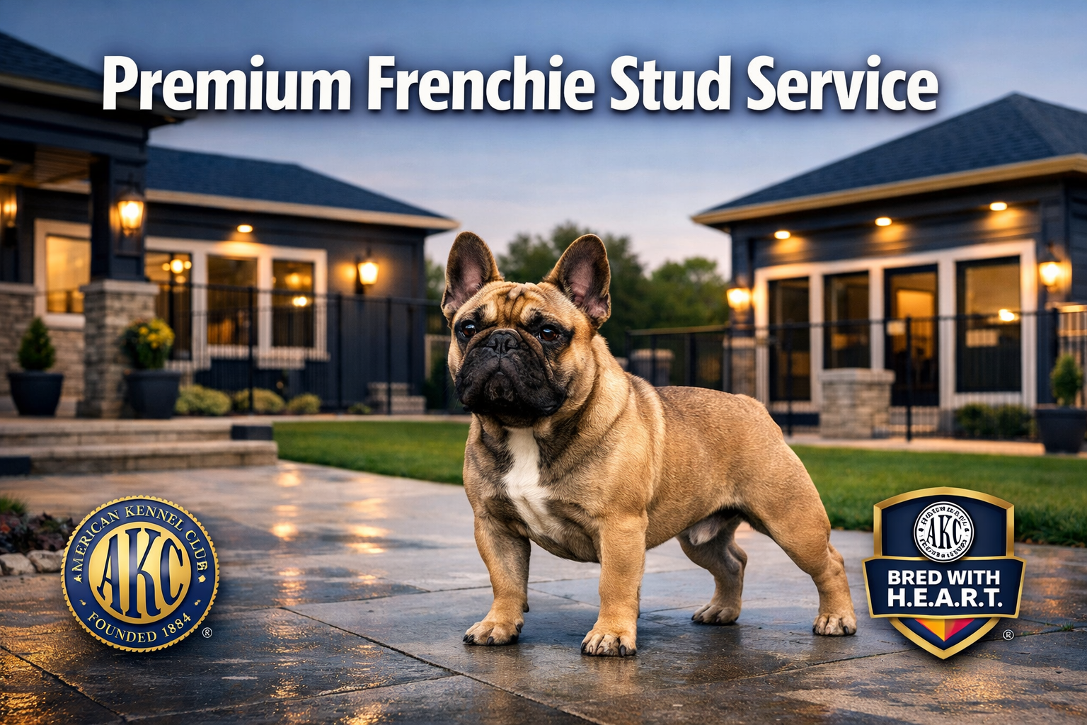 Professional landscape format (1536x1024) hero image featuring bold text overlay 'Premium Frenchie Stud Service' in extra large 72pt white s