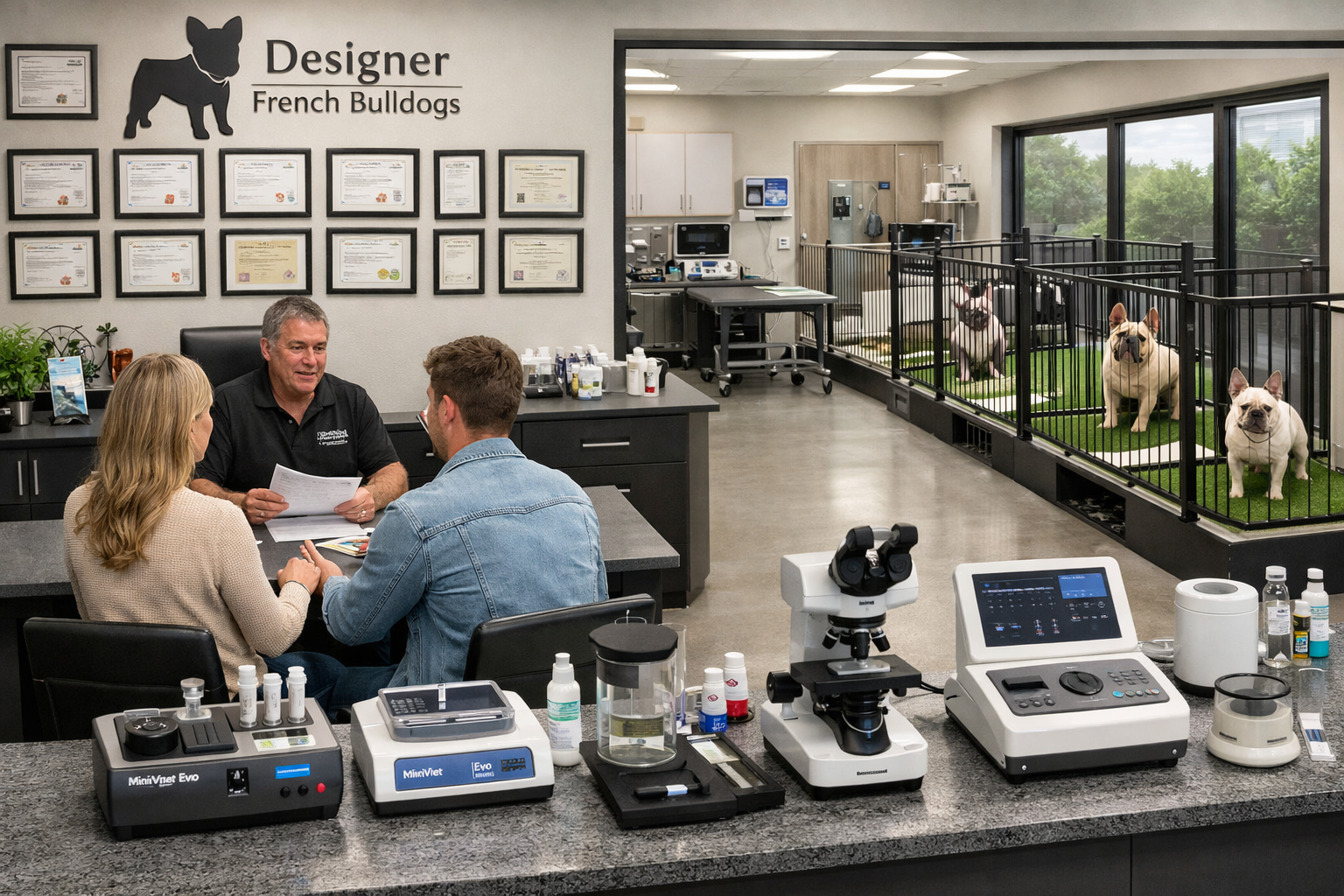 Detailed landscape format (1536x1024) image showing professional French Bulldog breeding facility with multiple champion studs in individual