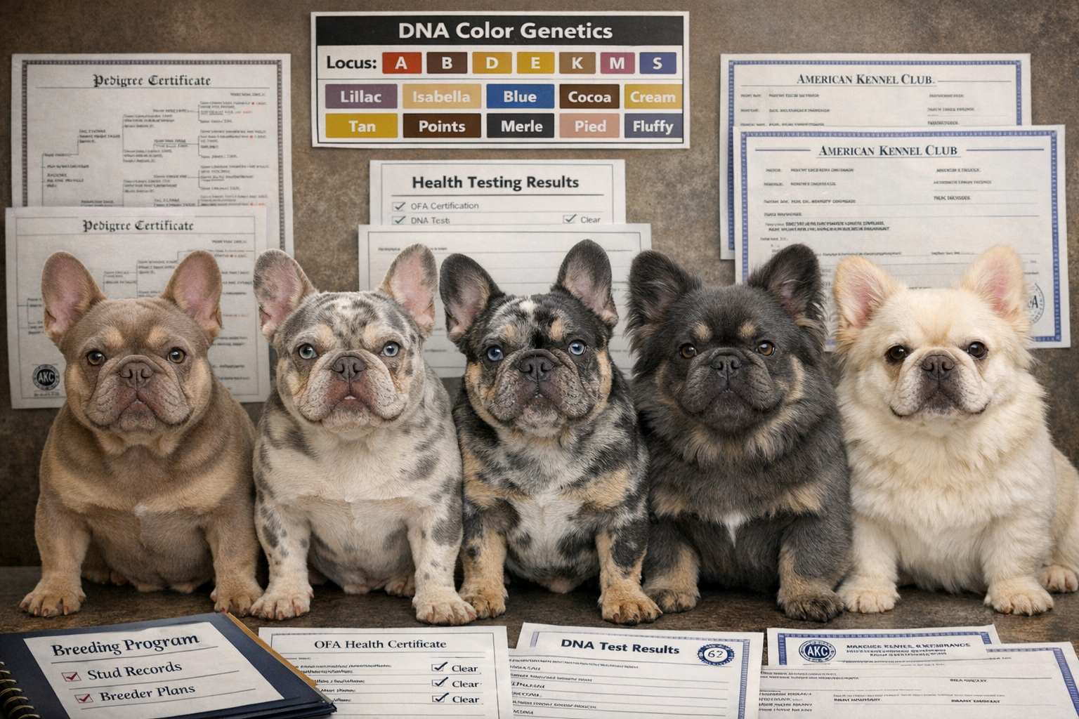 Professional landscape format (1536x1024) image displaying various exotic colored French Bulldog studs including Isabella, lilac merle, blue