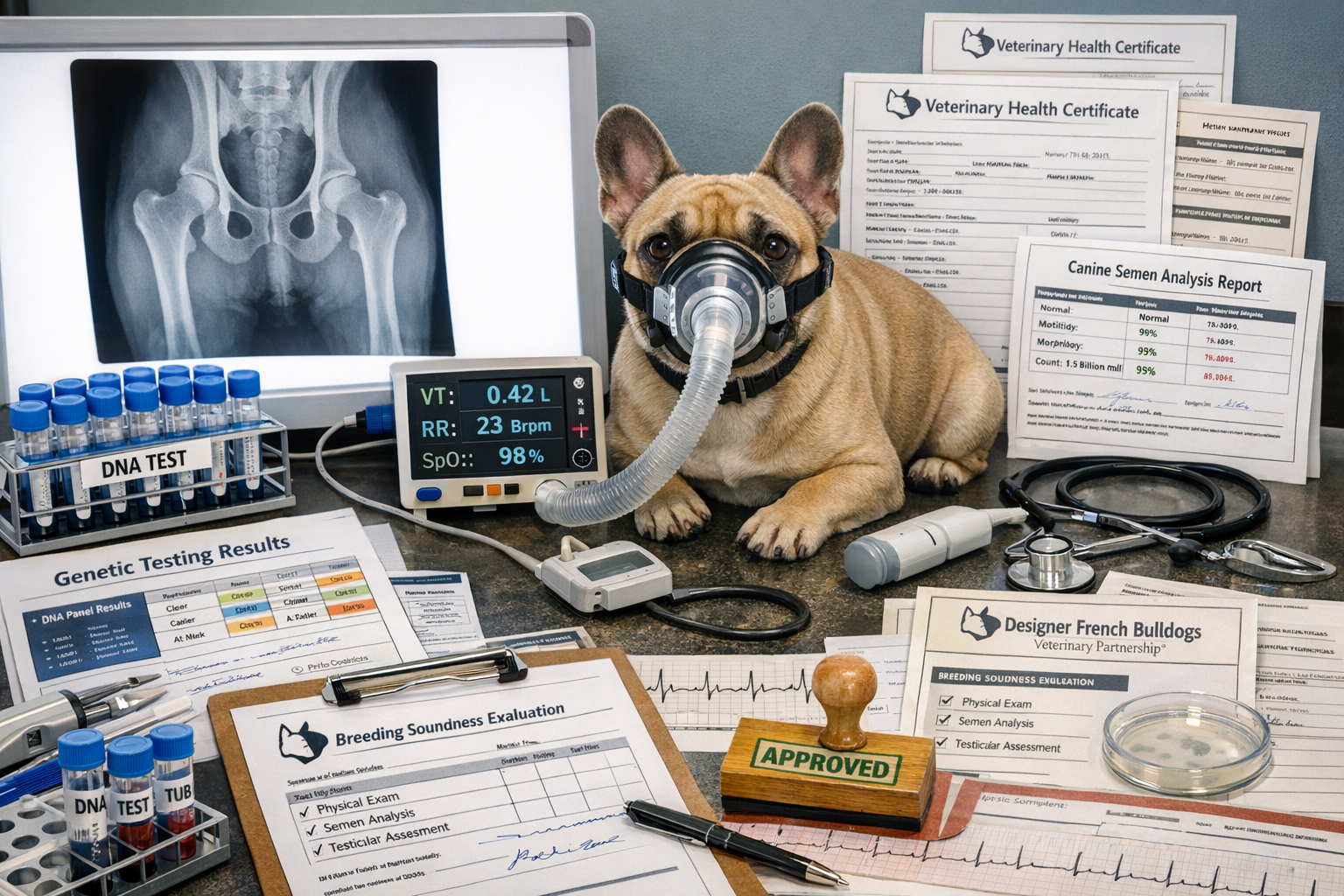 Detailed landscape format (1536x1024) image showing comprehensive health testing process for French Bulldog studs including hip X-rays on li