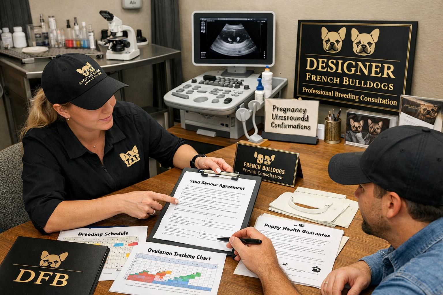 Professional landscape format (1536x1024) image featuring stud service agreement signing process with breeder and client reviewing contracts