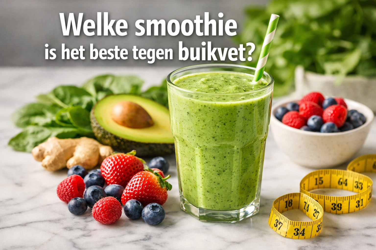 Professional landscape hero image (1536x1024) featuring bold text overlay 'Welke smoothie is het beste tegen buikvet?' in extra large 72pt w