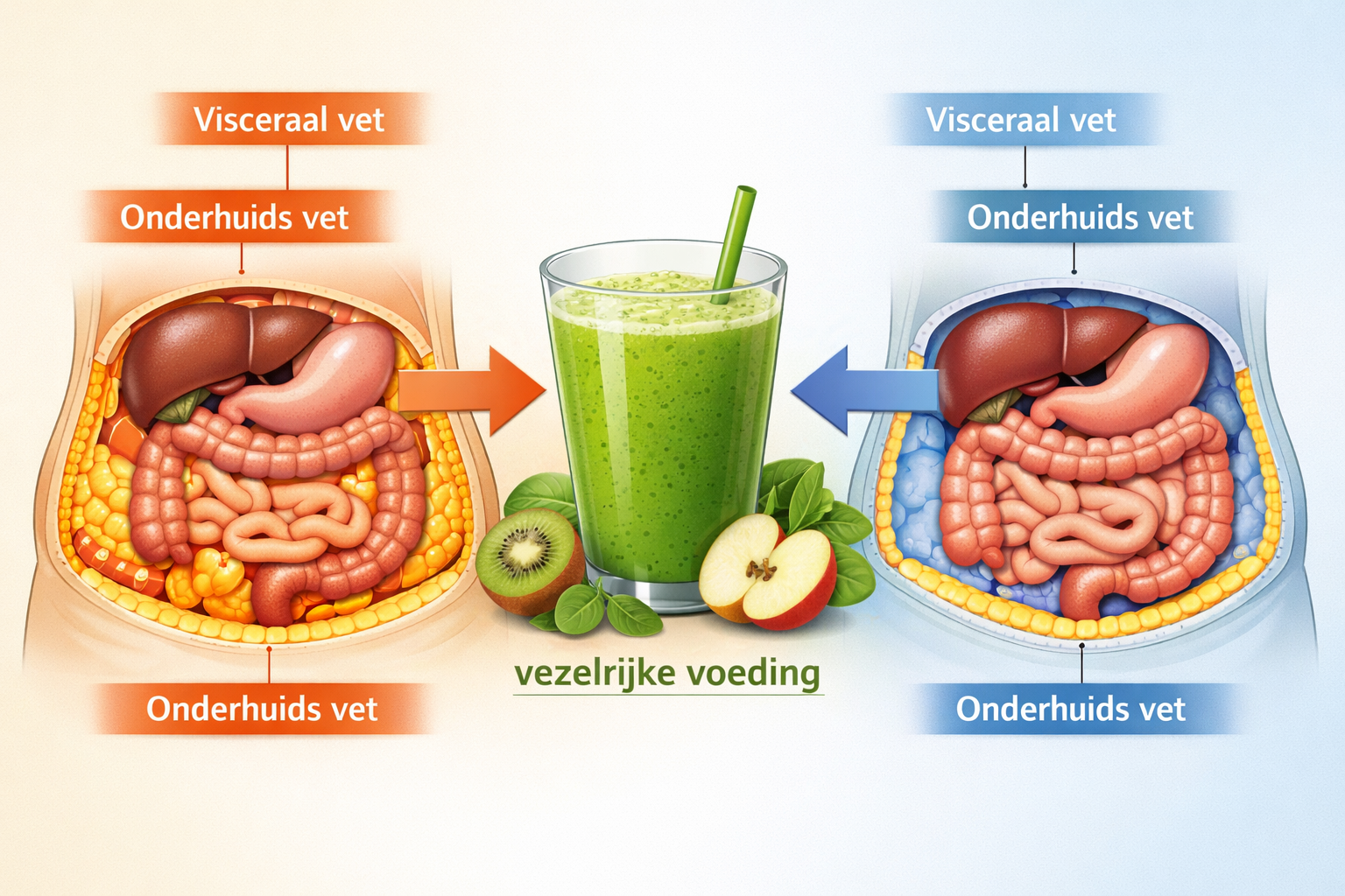 Detailed landscape illustration (1536x1024) showing cross-section comparison of belly fat layers with and without smoothie intervention. Lef