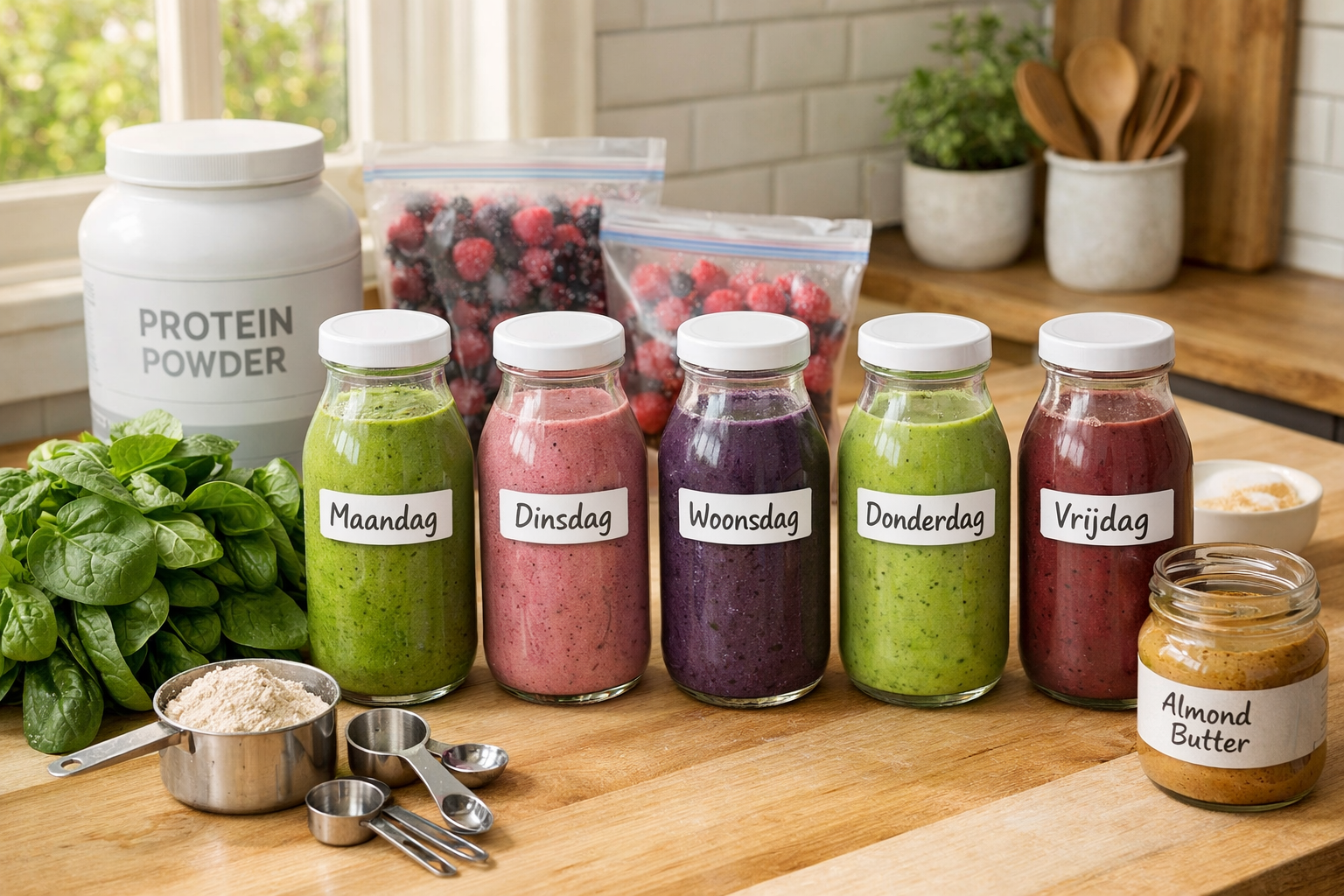 Detailed landscape image (1536x1024) showing weekly meal prep scene with five smoothie bottles in glass containers arranged on kitchen count