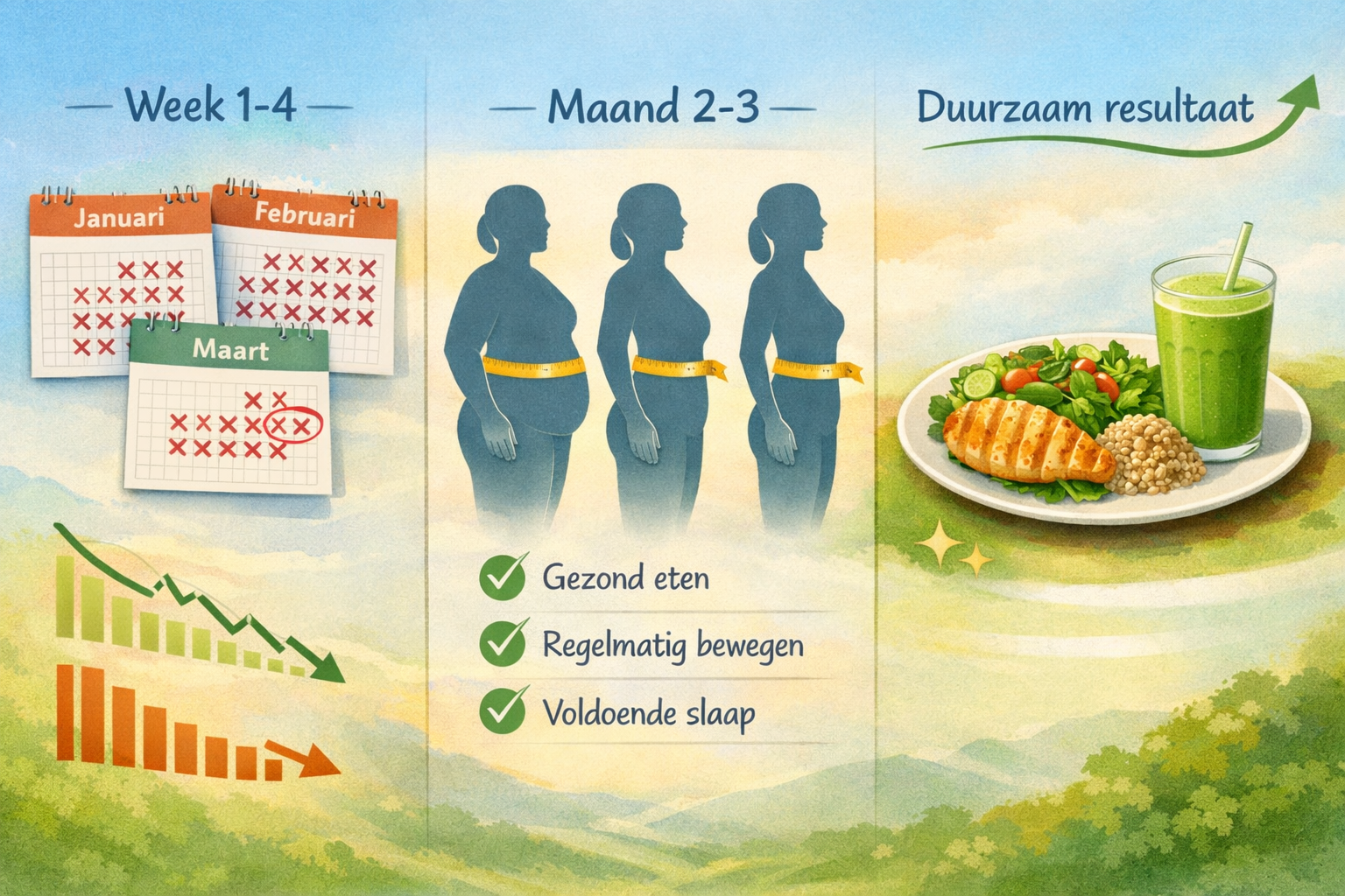 Detailed landscape illustration (1536x1024) showing before-and-after timeline infographic for sustainable weight loss. Left shows calendar m