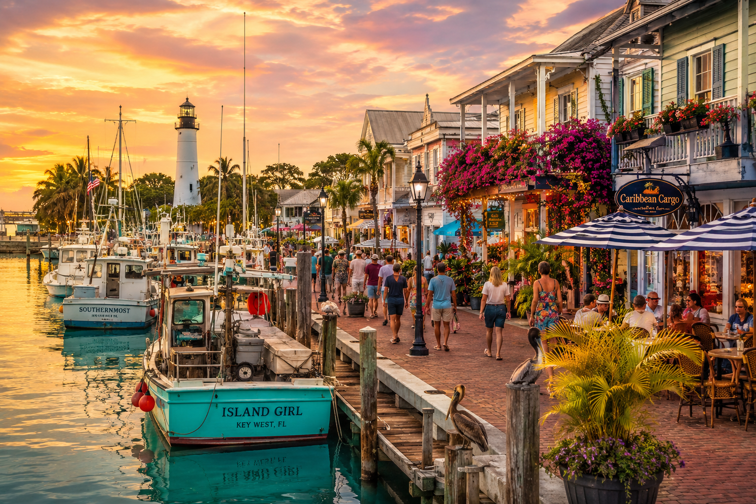 () editorial image showing a picturesque Florida small-town waterfront scene with colorful fishing boats docked at a wooden