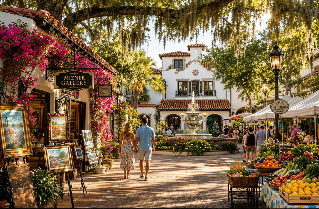 () editorial travel image depicting a charming Florida town square with Spanish colonial architecture, white stucco