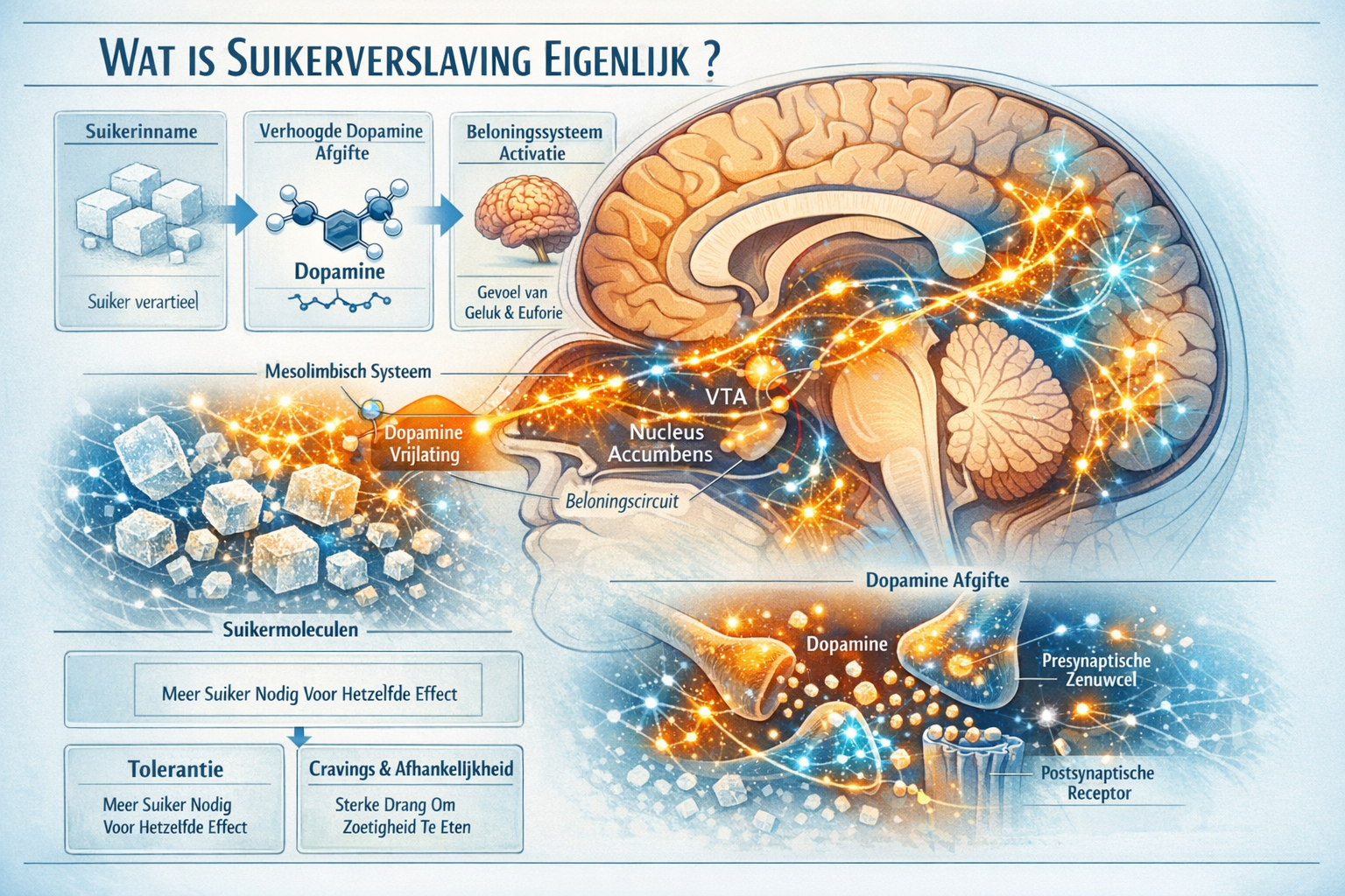 Afbeeldingen met Nederlandse tekst Scientific medical illustration depicting sugar molecules and brain neurotransmitter interactions, showin