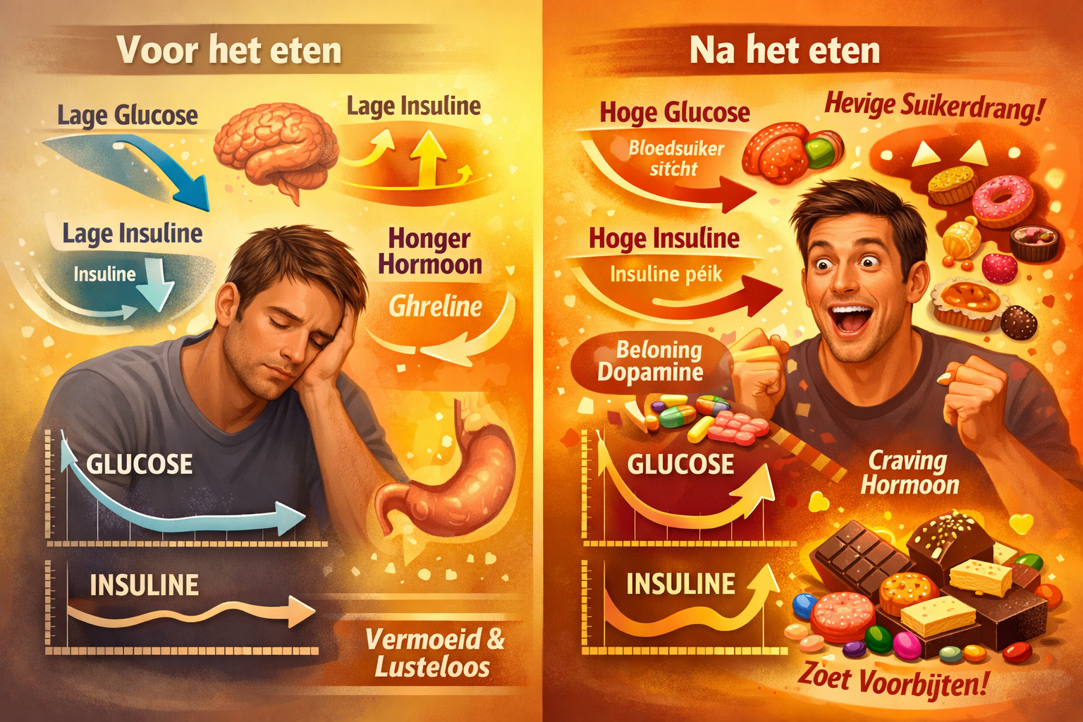 Afbeeldingen met Nederlandse tekst Psychological visualization of post-meal sugar cravings, featuring split-screen showing before/after eati