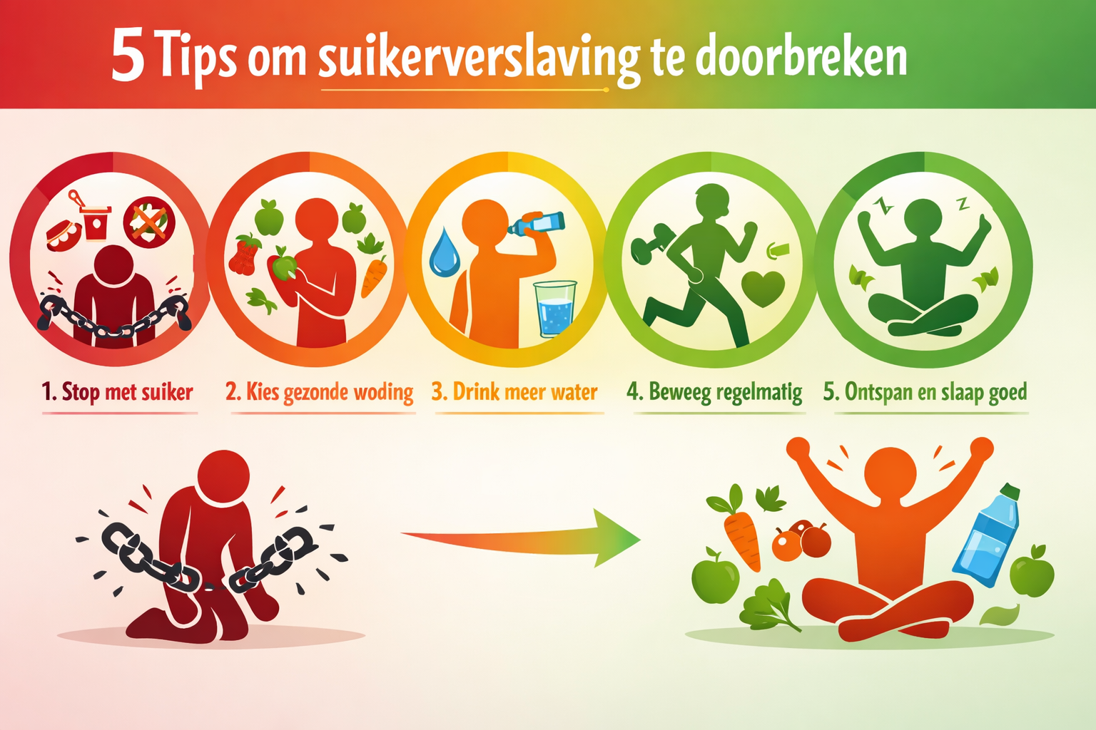 Afbeeldingen met Nederlandse tekst Motivational instructional graphic presenting '5 Tips om suikerverslaving te doorbreken' with step-by-ste