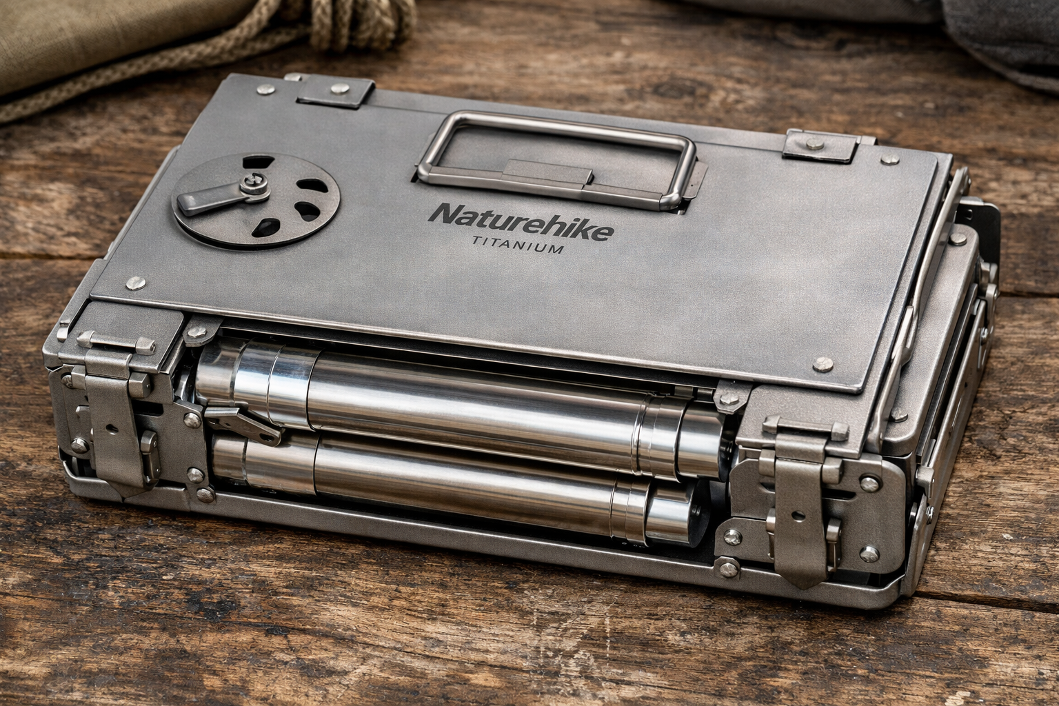 detailed close-up photo of Naturehike titanium tent stove folded flat showing compact storage design with chimney pipes stored inside the st