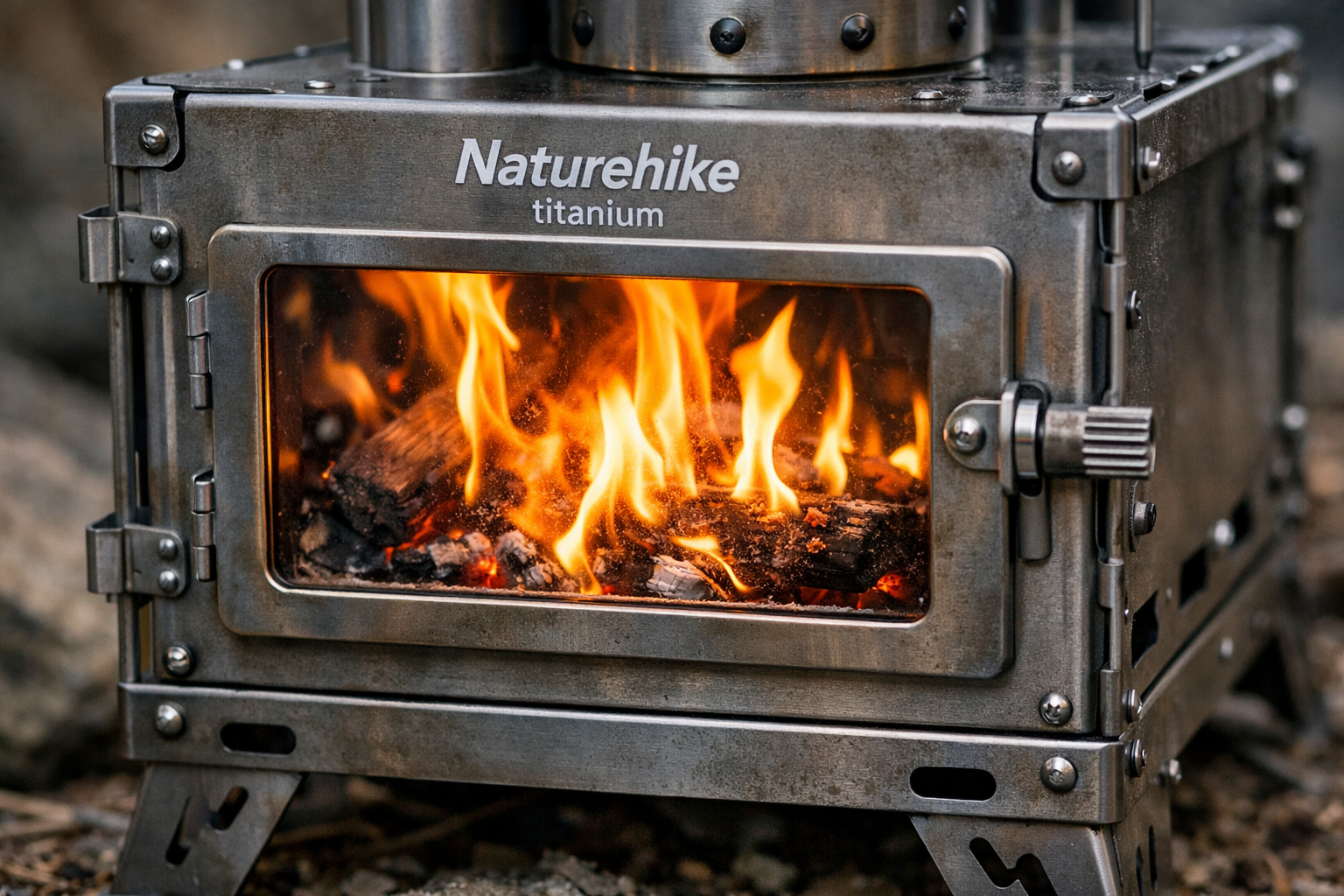 detailed photo of the Naturehike titanium stove glass window with visible flames burning inside the firebox showing flame monitoring capabil