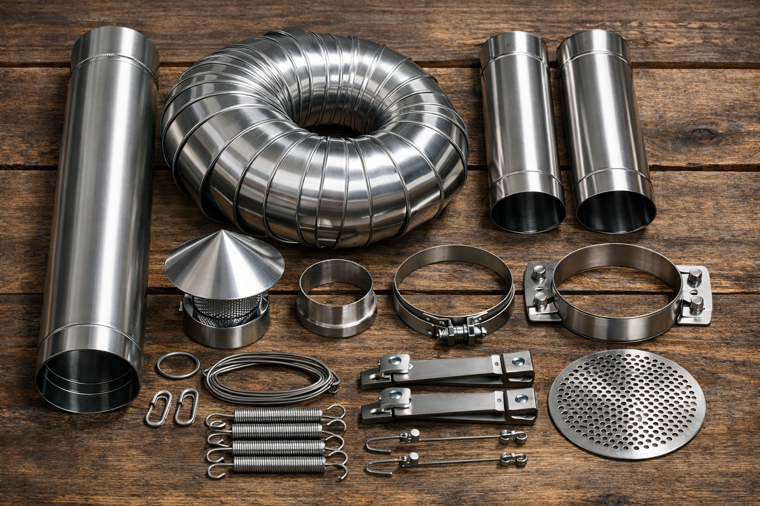 detailed photo of the roll-up stainless steel chimney pipe sections for the Naturehike tent stove laid out showing assembly components
