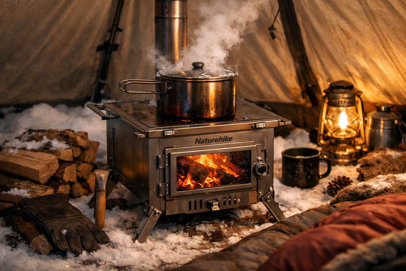 detailed lifestyle photo of the Naturehike titanium tent stove in use inside a hot tent with a pot boiling water on the flat cooking surface