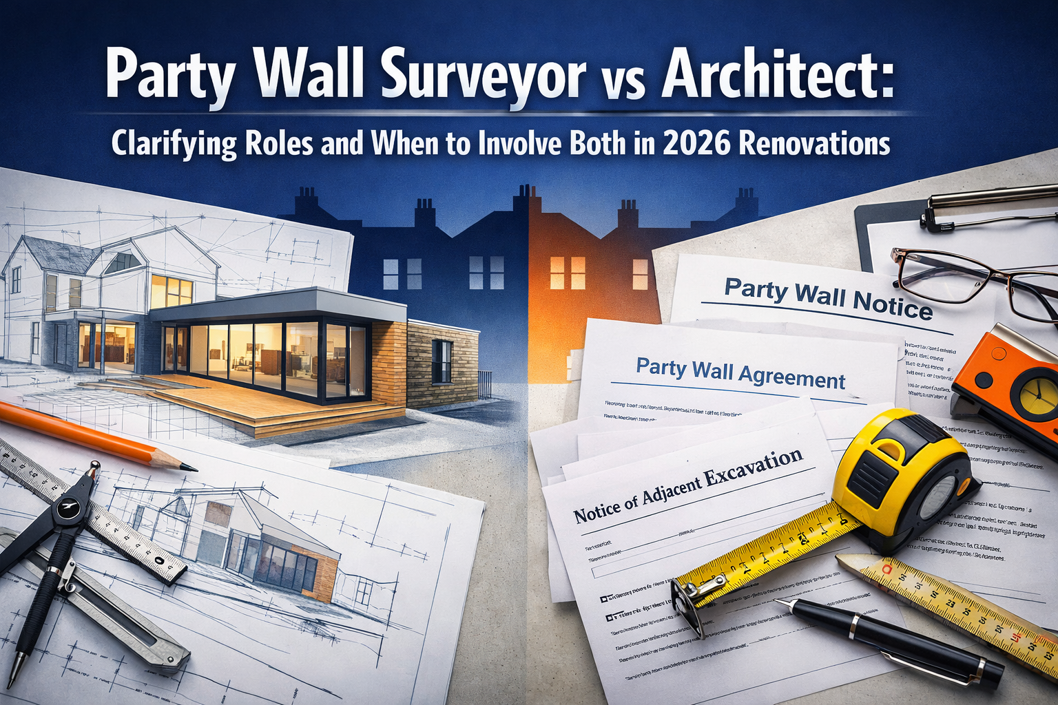 Professional () hero image featuring 'Party Wall Surveyor vs Architect: Clarifying Roles and When to Involve Both in 2026